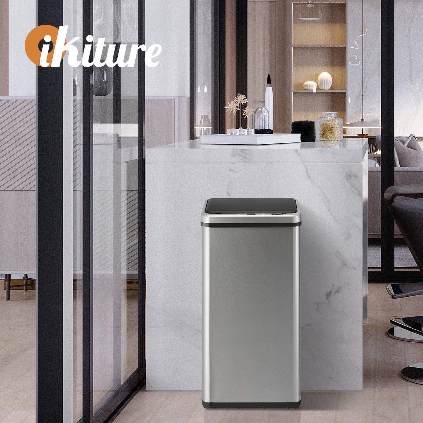Oikiture 50L Motion Sensor Bin Automatic Rubbish Trash Can Kitchen Silver - Sunyee