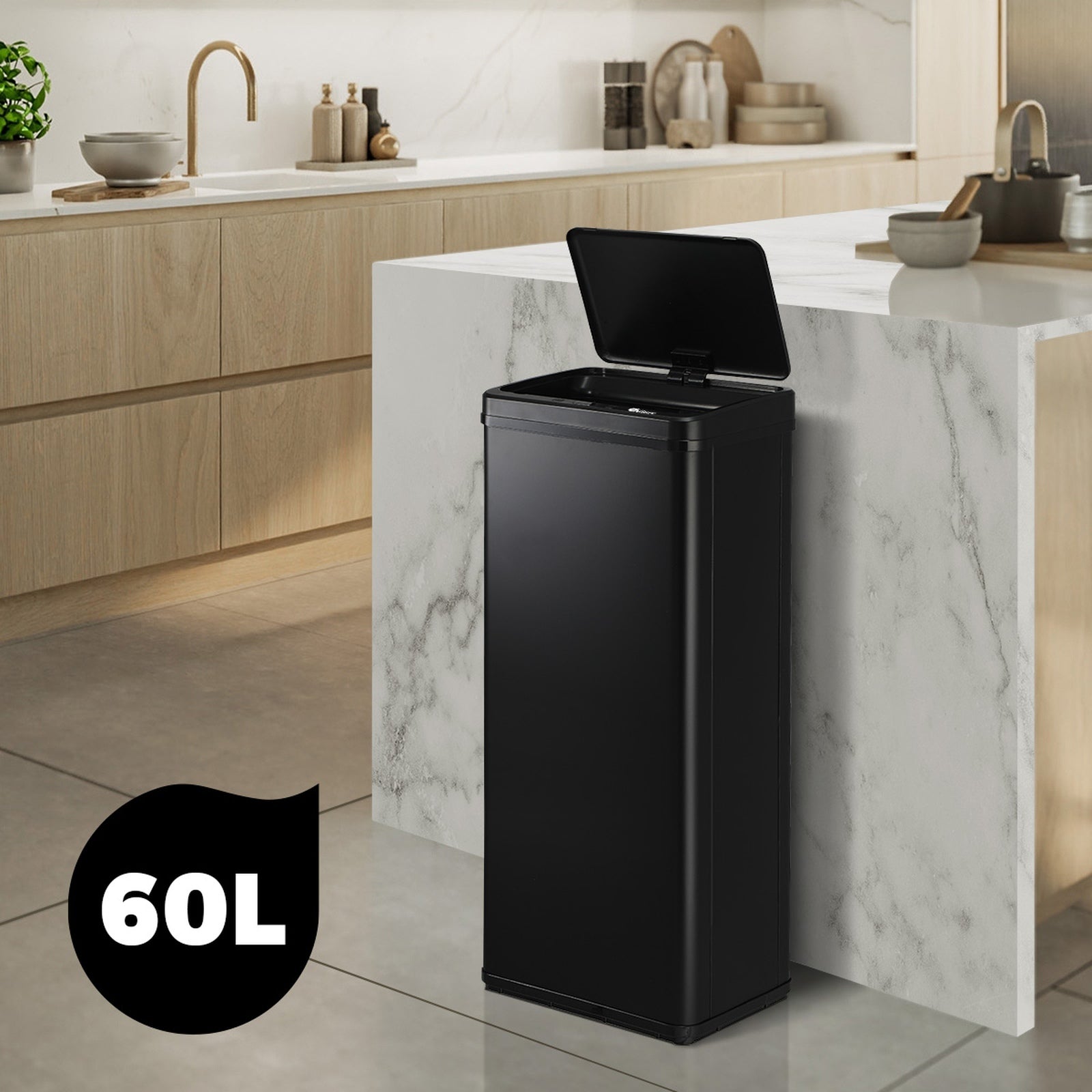 Oikiture 60L Motion Sensor Rubbish Bin Kitchen Waste Can Stainless Steel Black - Sunyee