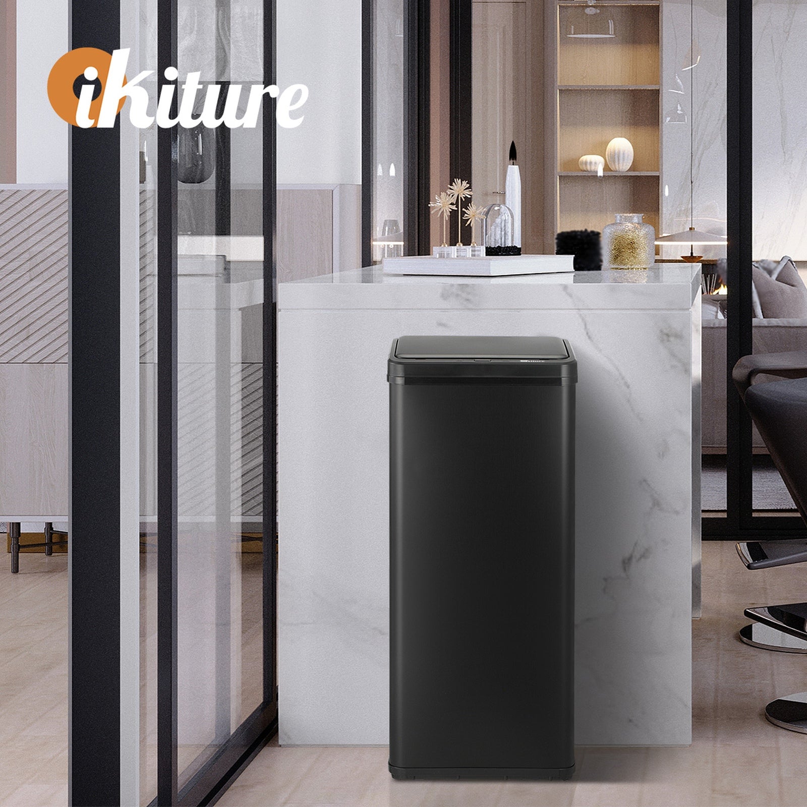Oikiture 60L Motion Sensor Rubbish Bin Kitchen Waste Can Stainless Steel Black - Sunyee