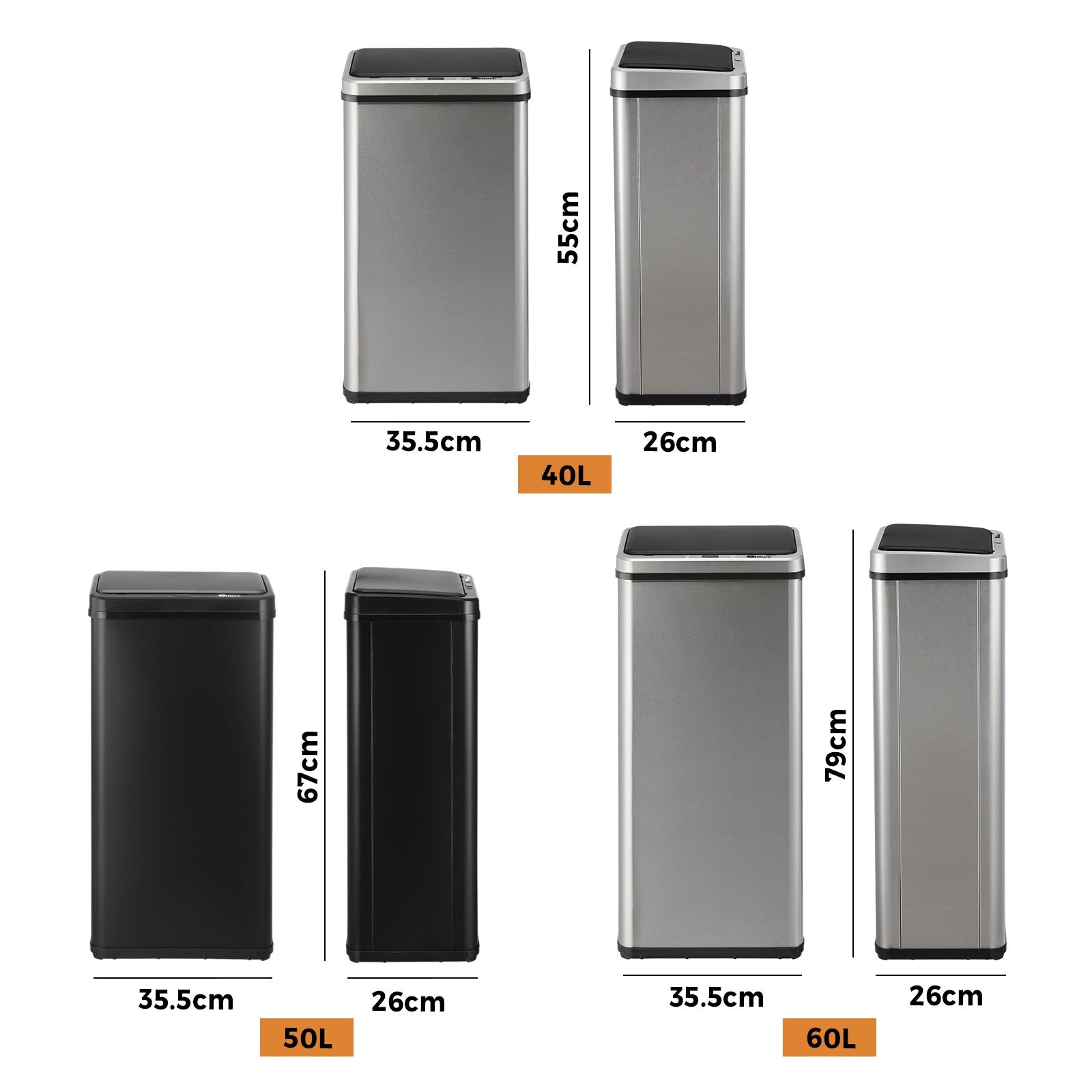 Oikiture Motion Sensor Bin Stainless Steel Automatic Kitchen Trash Can 40/50/60L - Sunyee