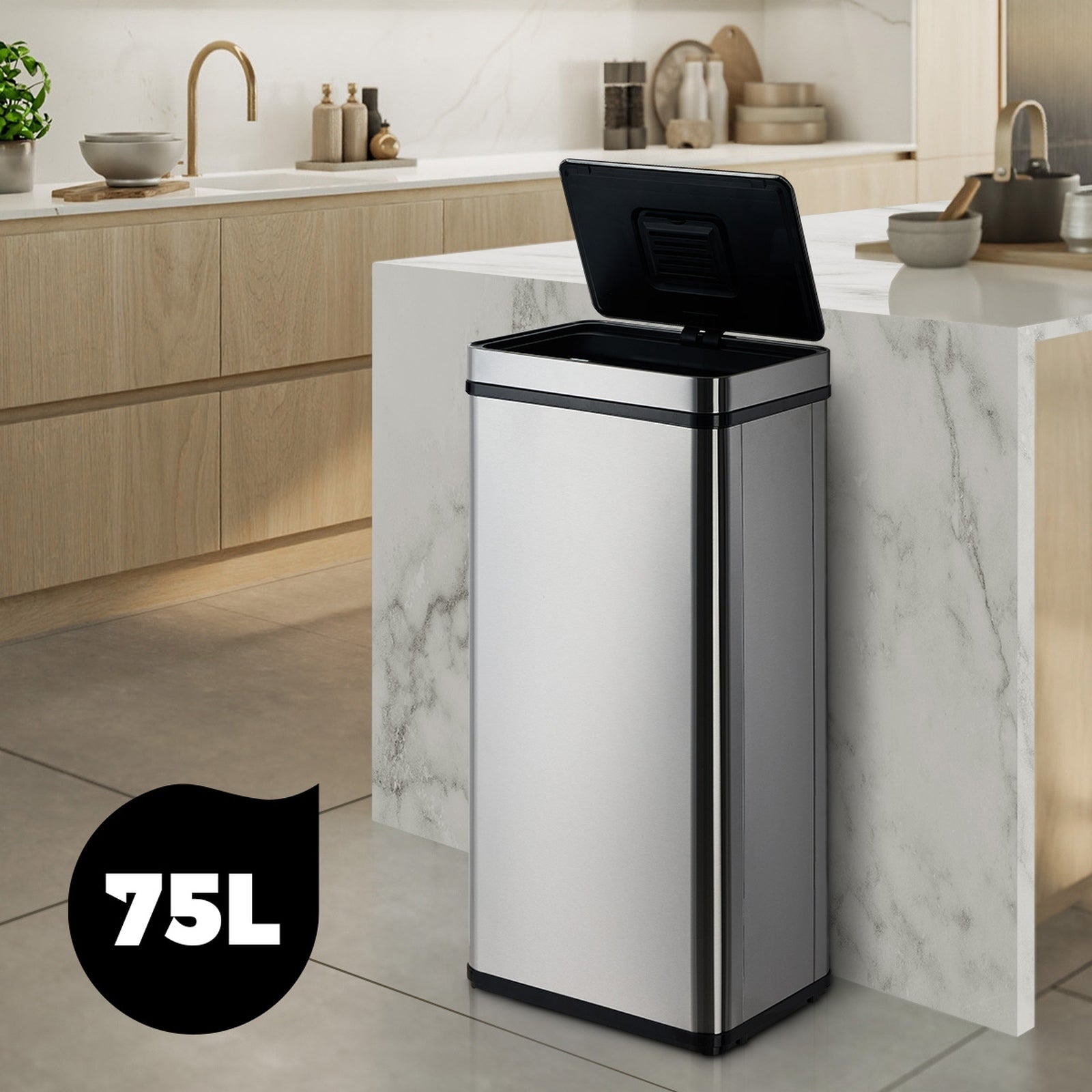 Oikiture 75L Motion Sensor Bin Automatic Rubbish Trash Can Kitchen Silver - Sunyee