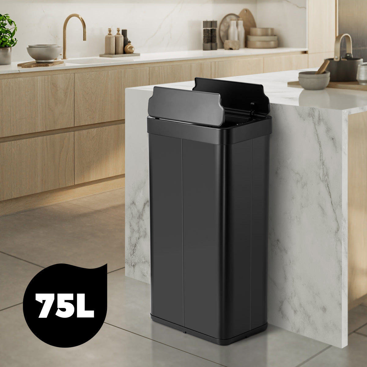 Oikiture 75L Motion Sensor Bin Stainless Steel Automatic Rubbish Trash Can Black - Sunyee