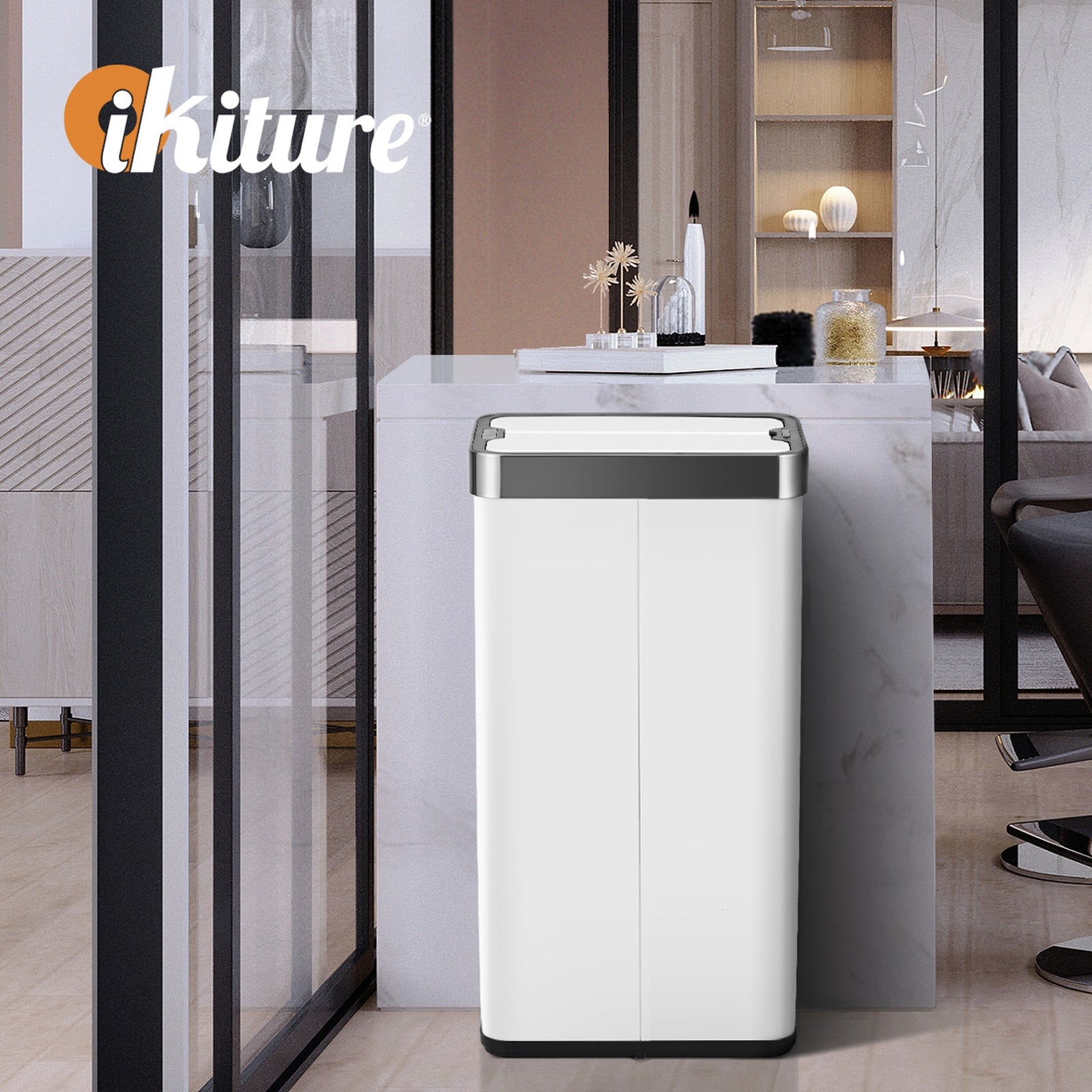 Oikiture 75L Motion Sensor Bin Stainless Steel Automatic Rubbish Trash Can White - Sunyee