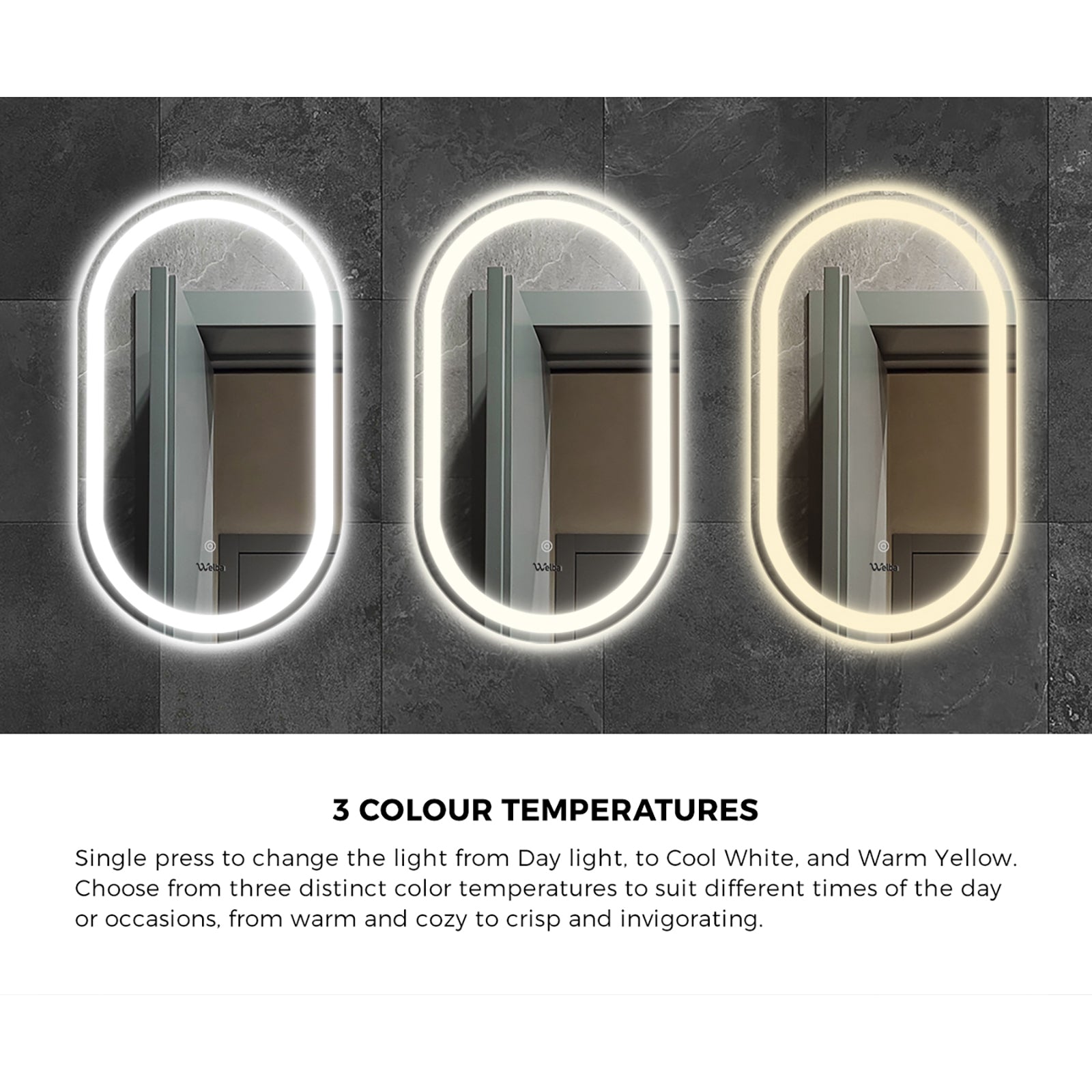 Welba LED Oval Bathroom Mirror Anti-fog Smart Makeup Wall Mirrors Vanity 75x50cm - Sunyee