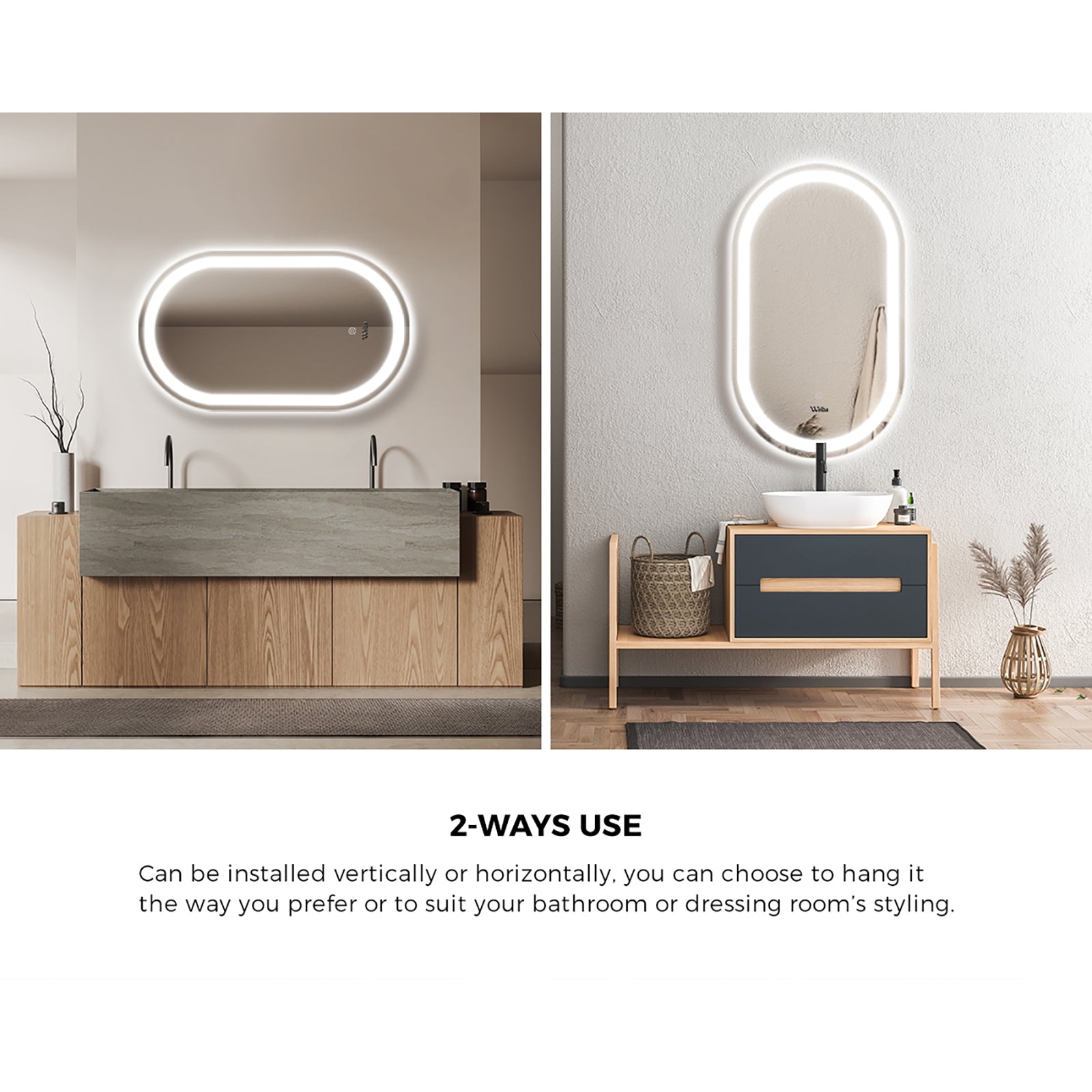 Welba LED Oval Bathroom Mirror Anti-fog Smart Makeup Wall Mirrors Vanity 75x50cm - Sunyee