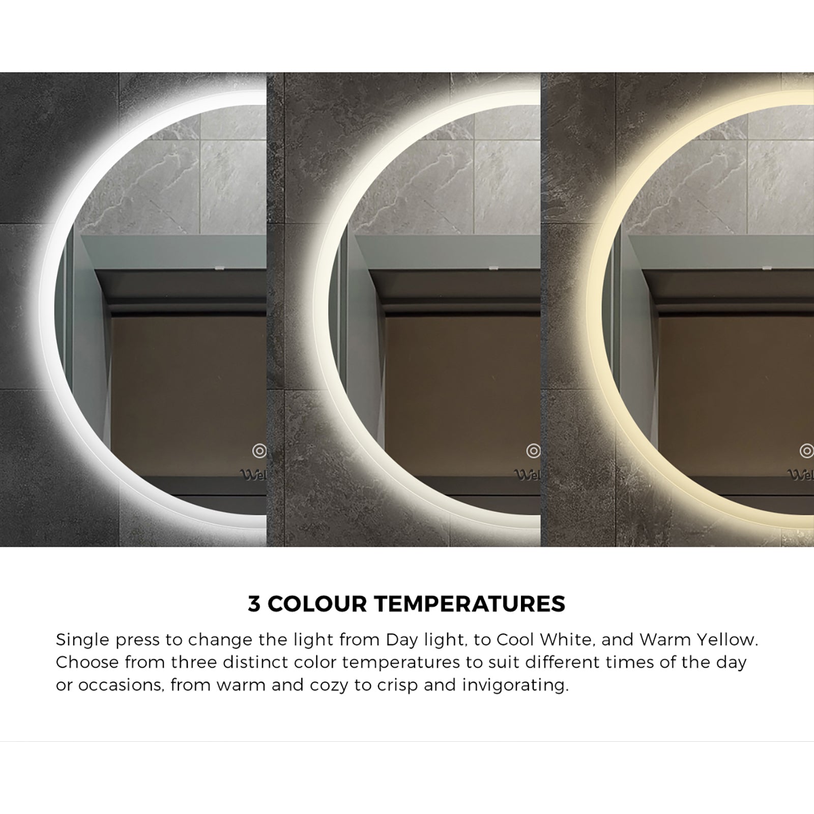 Welba 70cm LED Round Bathroom Mirror Anti-fog Smart Vanity Makeup Wall Mirrors - Sunyee