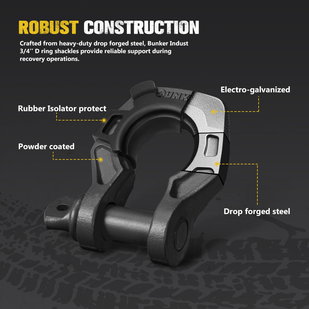 Bunker Indust Pair Bow Shackle 4.75Ton Rated 3/4” D-Ring with Isolator Black - Sunyee