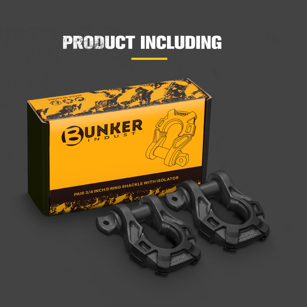 Bunker Indust Pair Bow Shackle 4.75Ton Rated 3/4” D-Ring with Isolator Black - Sunyee