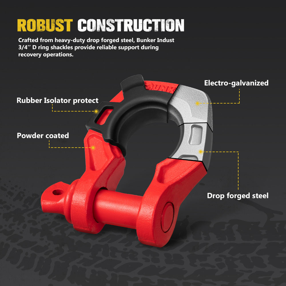Bunker Indust Pair Bow Shackle 4.75Ton Rated 3/4” D-Ring with Isolator Red - Sunyee