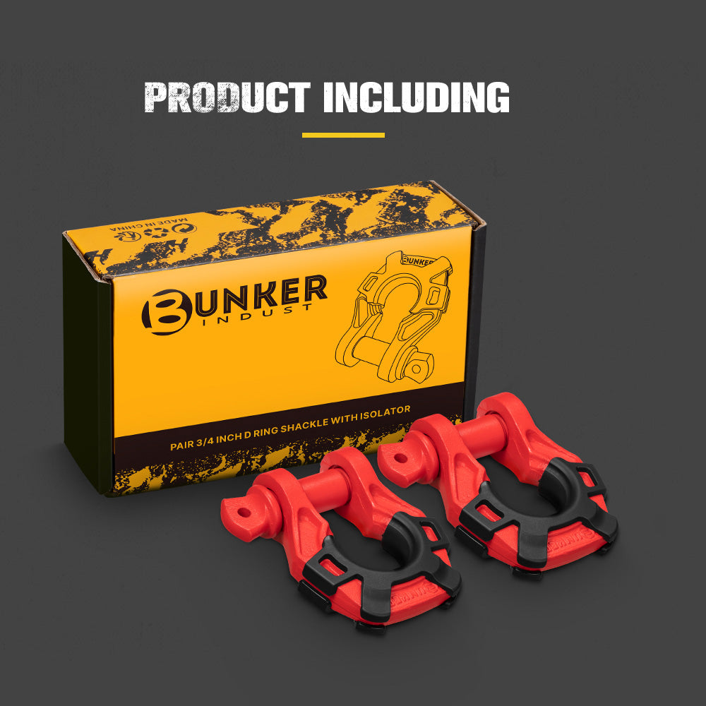 Bunker Indust Pair Bow Shackle 4.75Ton Rated 3/4” D-Ring with Isolator Red - Sunyee