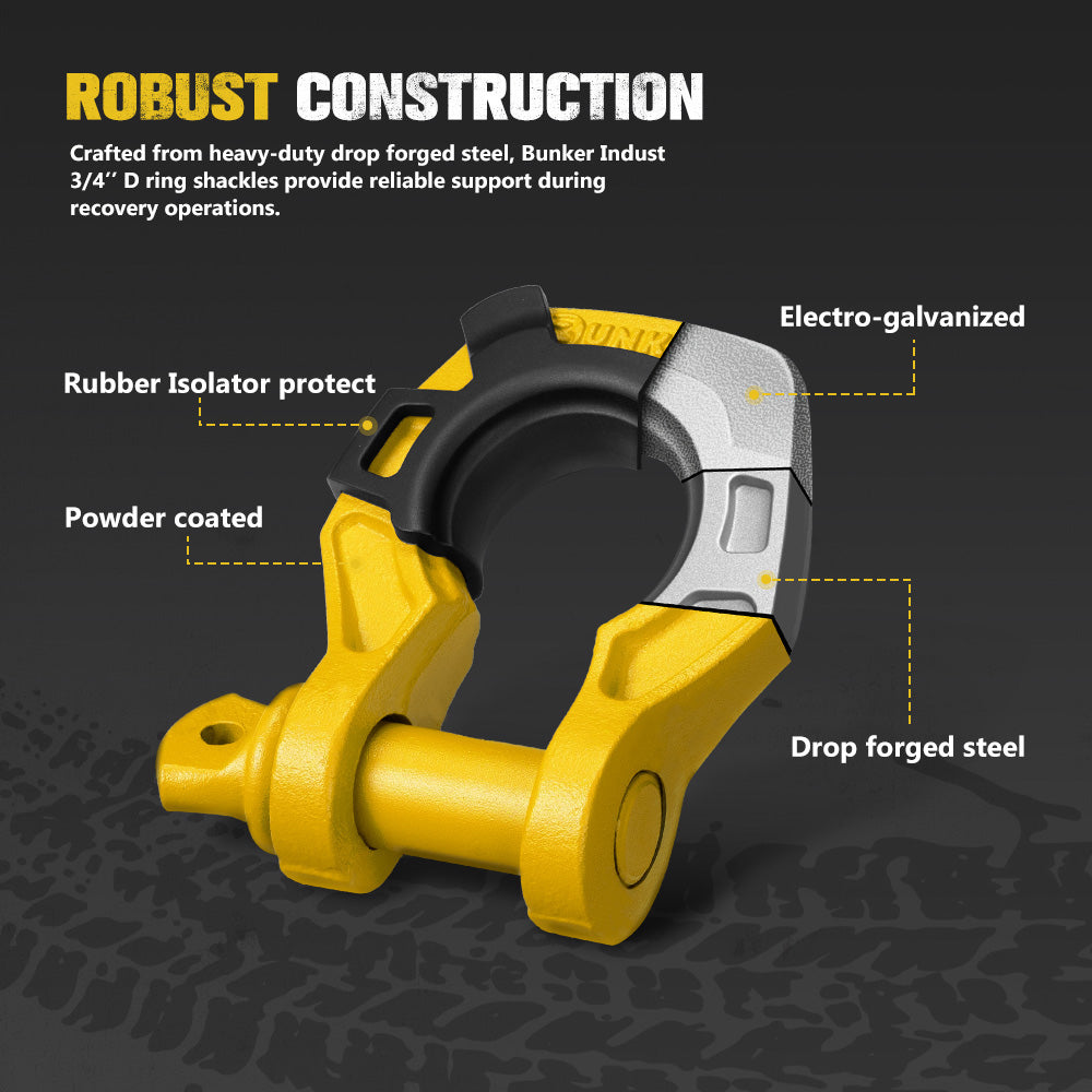 Bunker Indust Pair Bow Shackle 4.75Ton Rated 3/4” D-Ring with Isolator Yellow - Sunyee