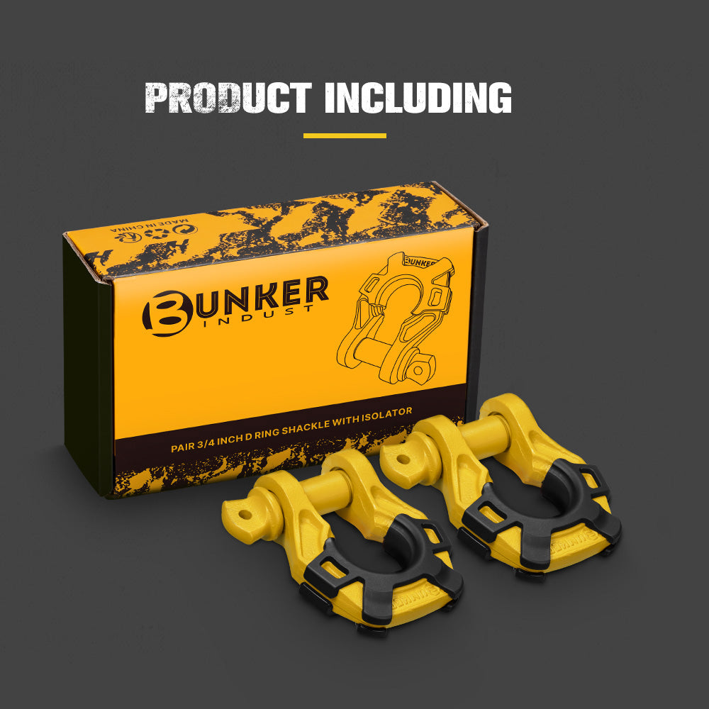 Bunker Indust Pair Bow Shackle 4.75Ton Rated 3/4” D-Ring with Isolator Yellow - Sunyee