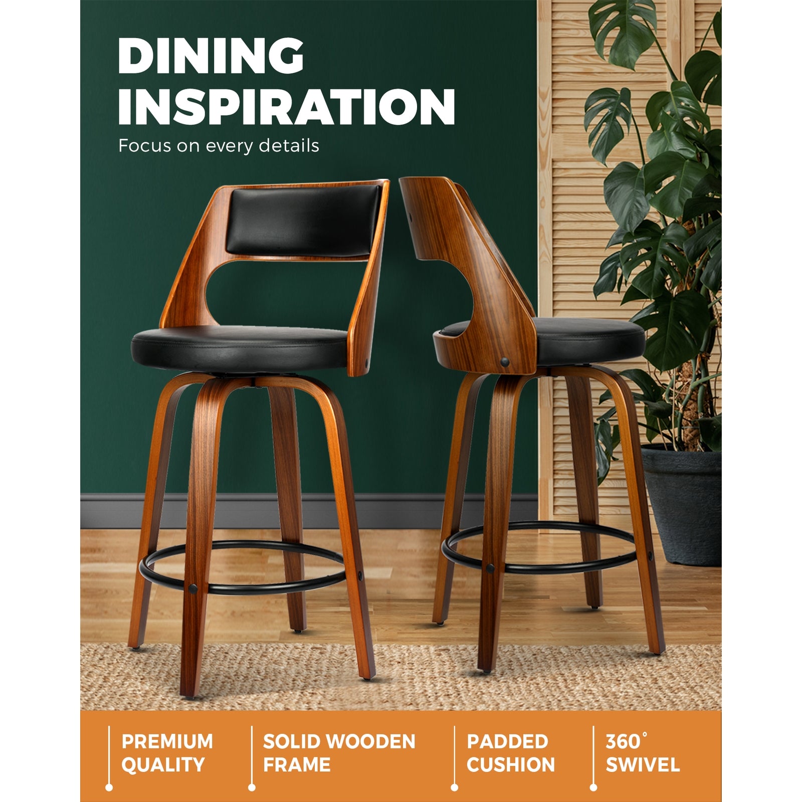 Oikiture 2xBar Stools Wooden Bar Stool Swivel Chair PU Leather Kitchen Dining Black - Sunyee