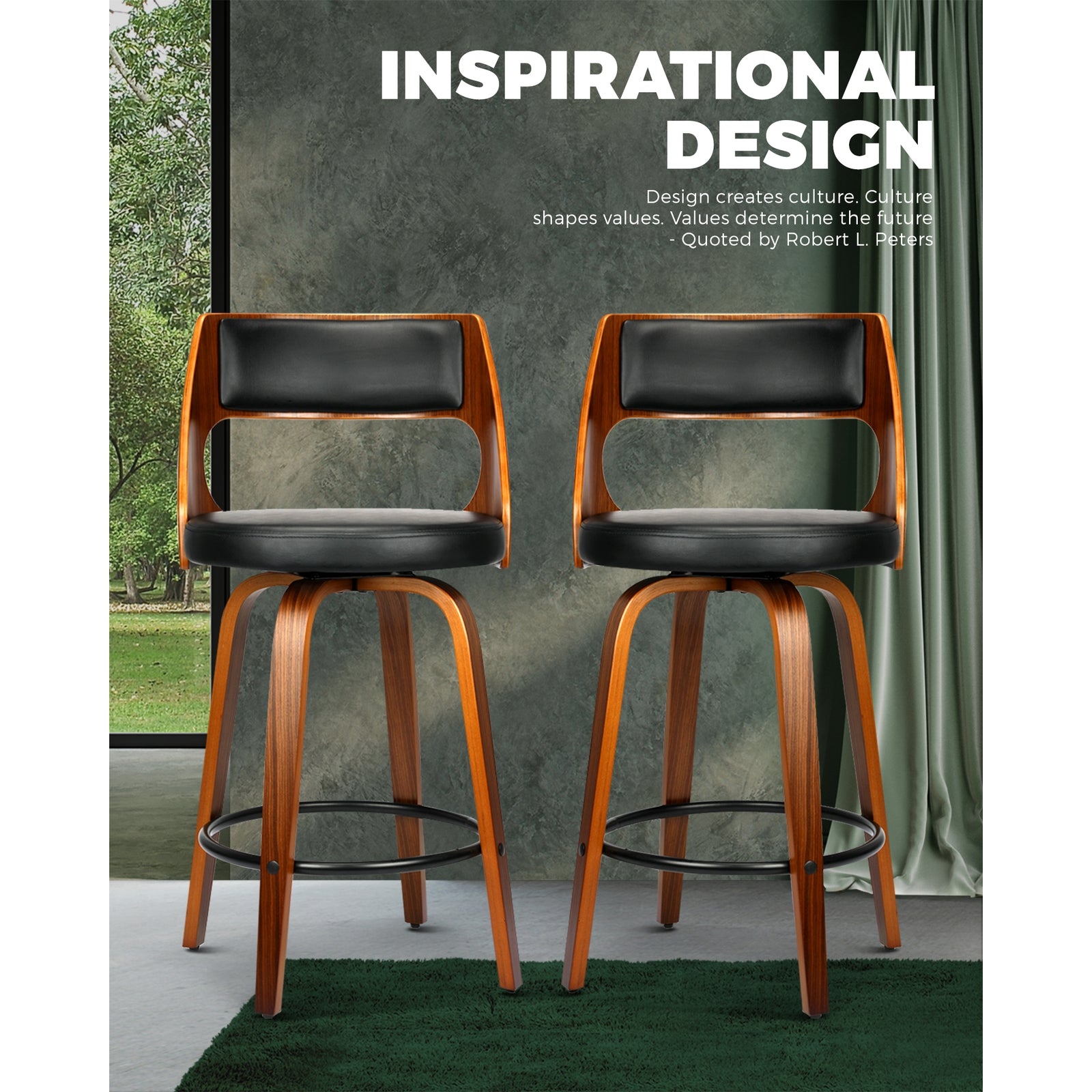 Oikiture 2xBar Stools Wooden Bar Stool Swivel Chair PU Leather Kitchen Dining Black - Sunyee