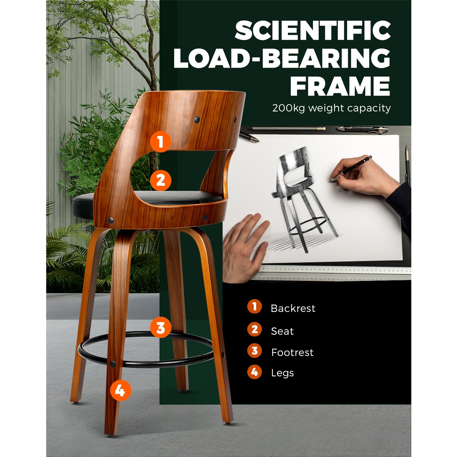 Oikiture 2xBar Stools Wooden Bar Stool Swivel Chair PU Leather Kitchen Dining Black - Sunyee