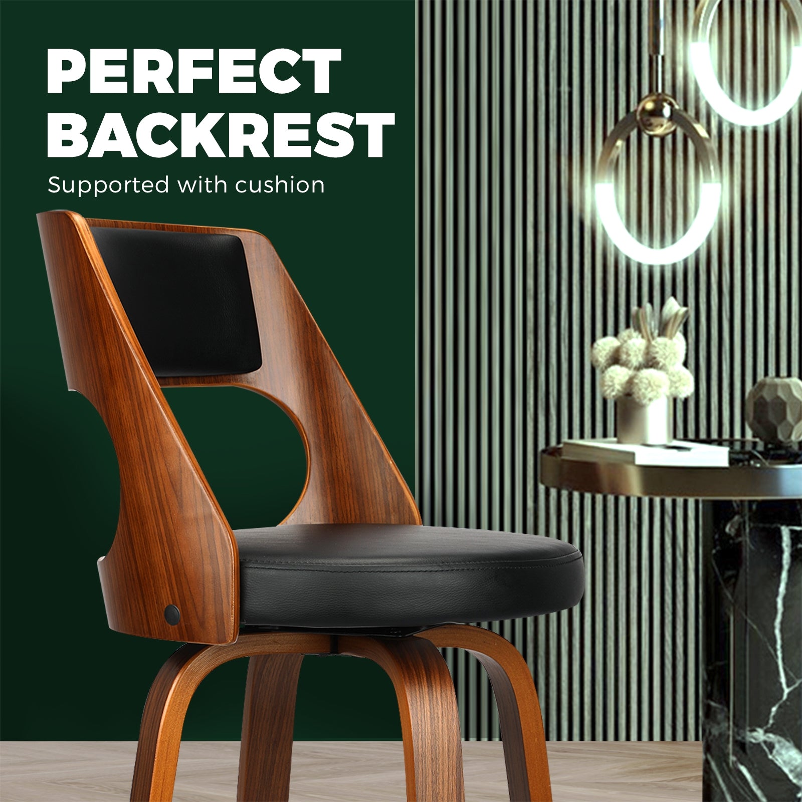 Oikiture 2xBar Stools Wooden Bar Stool Swivel Chair PU Leather Kitchen Dining Black - Sunyee