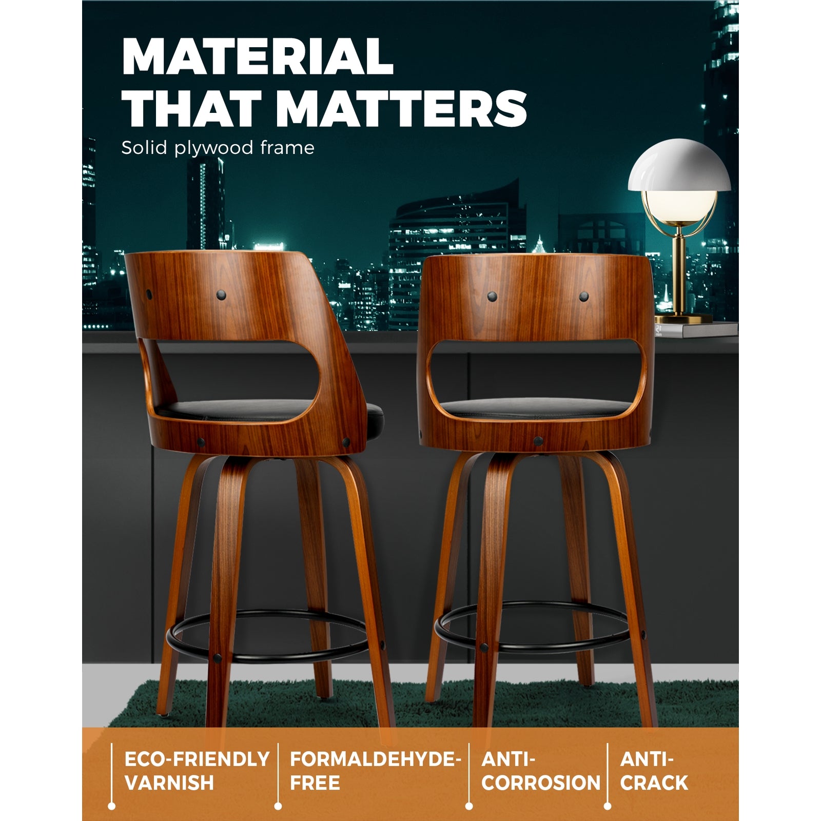 Oikiture 2xBar Stools Wooden Bar Stool Swivel Chair PU Leather Kitchen Dining Black - Sunyee