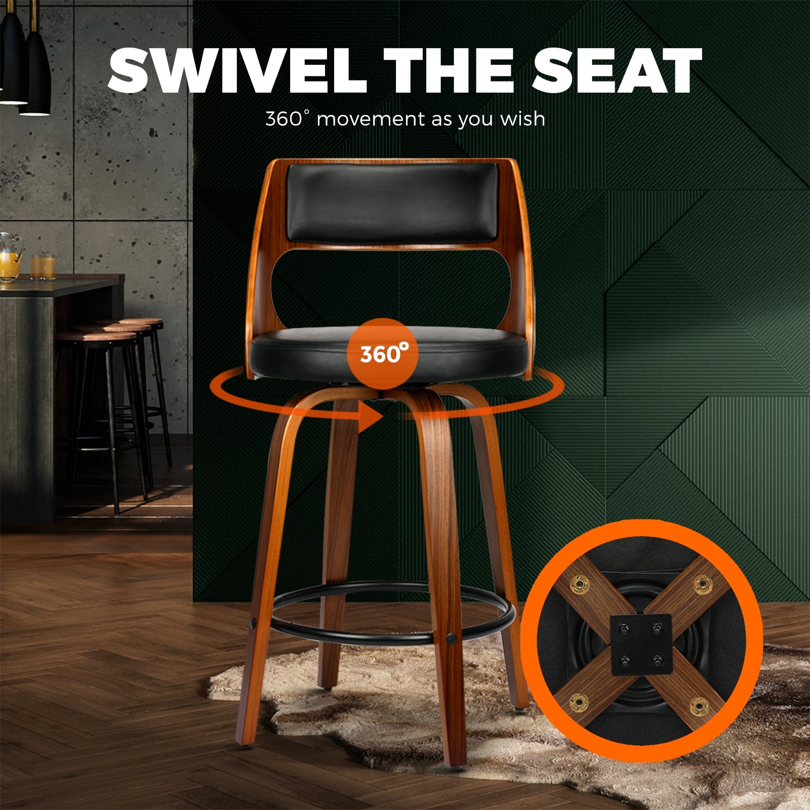 Oikiture 2xBar Stools Wooden Bar Stool Swivel Chair PU Leather Kitchen Dining Black - Sunyee