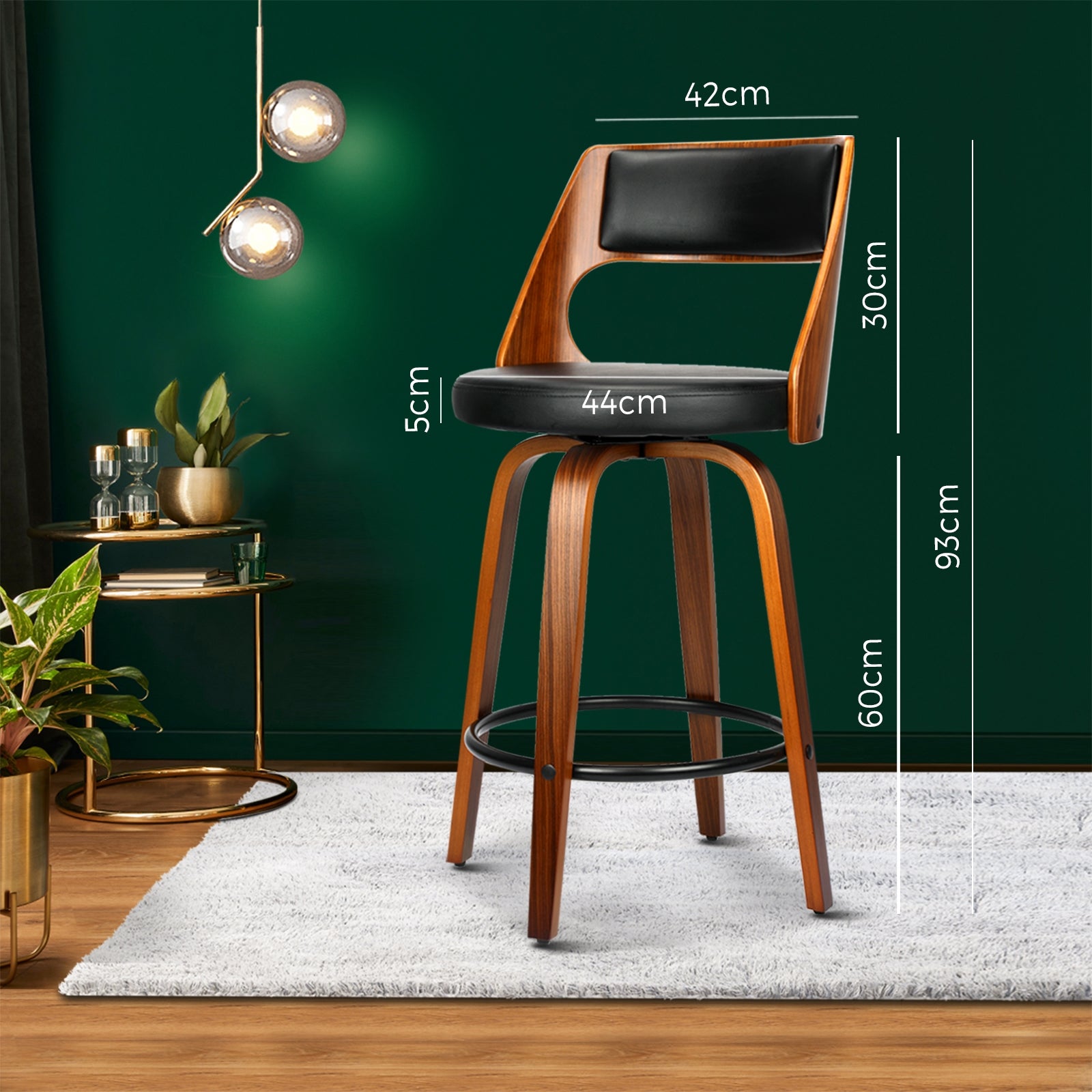 Oikiture 2xBar Stools Wooden Bar Stool Swivel Chair PU Leather Kitchen Dining Black - Sunyee