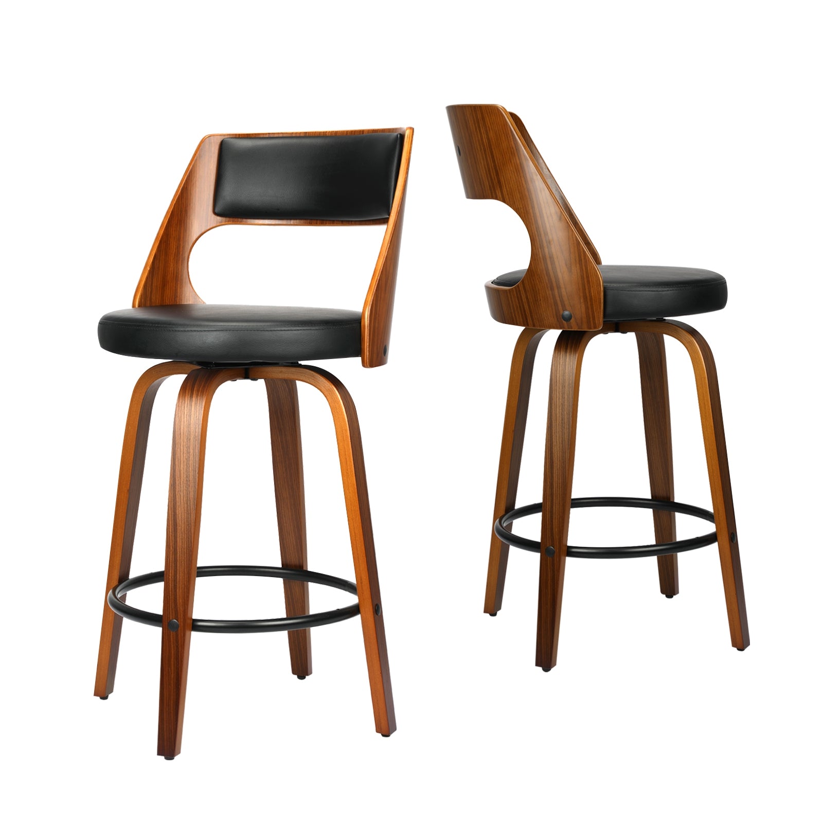 Oikiture 2xBar Stools Wooden Bar Stool Swivel Chair PU Leather Kitchen Dining Black - Sunyee