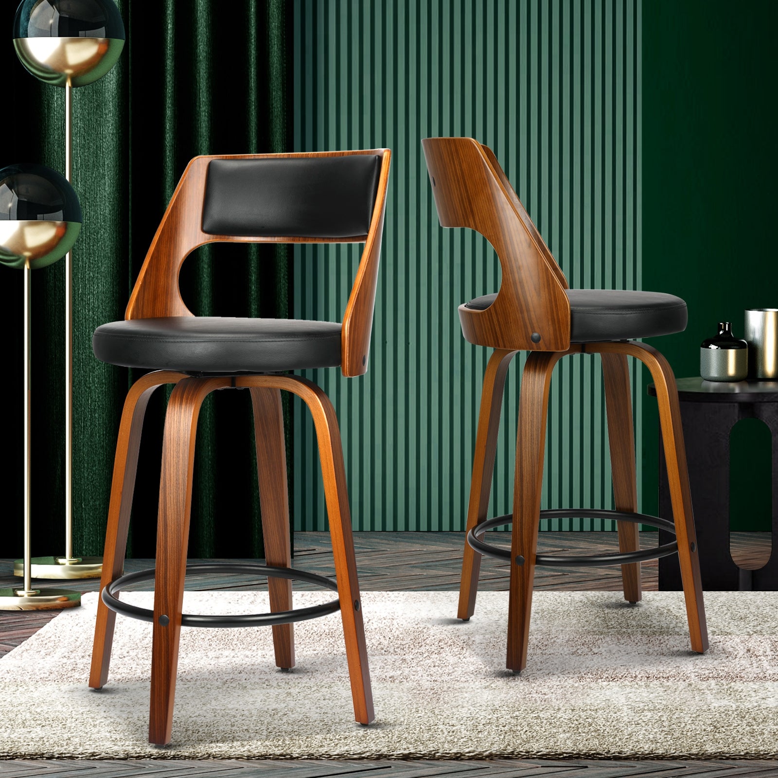 Oikiture 2xBar Stools Wooden Bar Stool Swivel Chair PU Leather Kitchen Dining Black - Sunyee