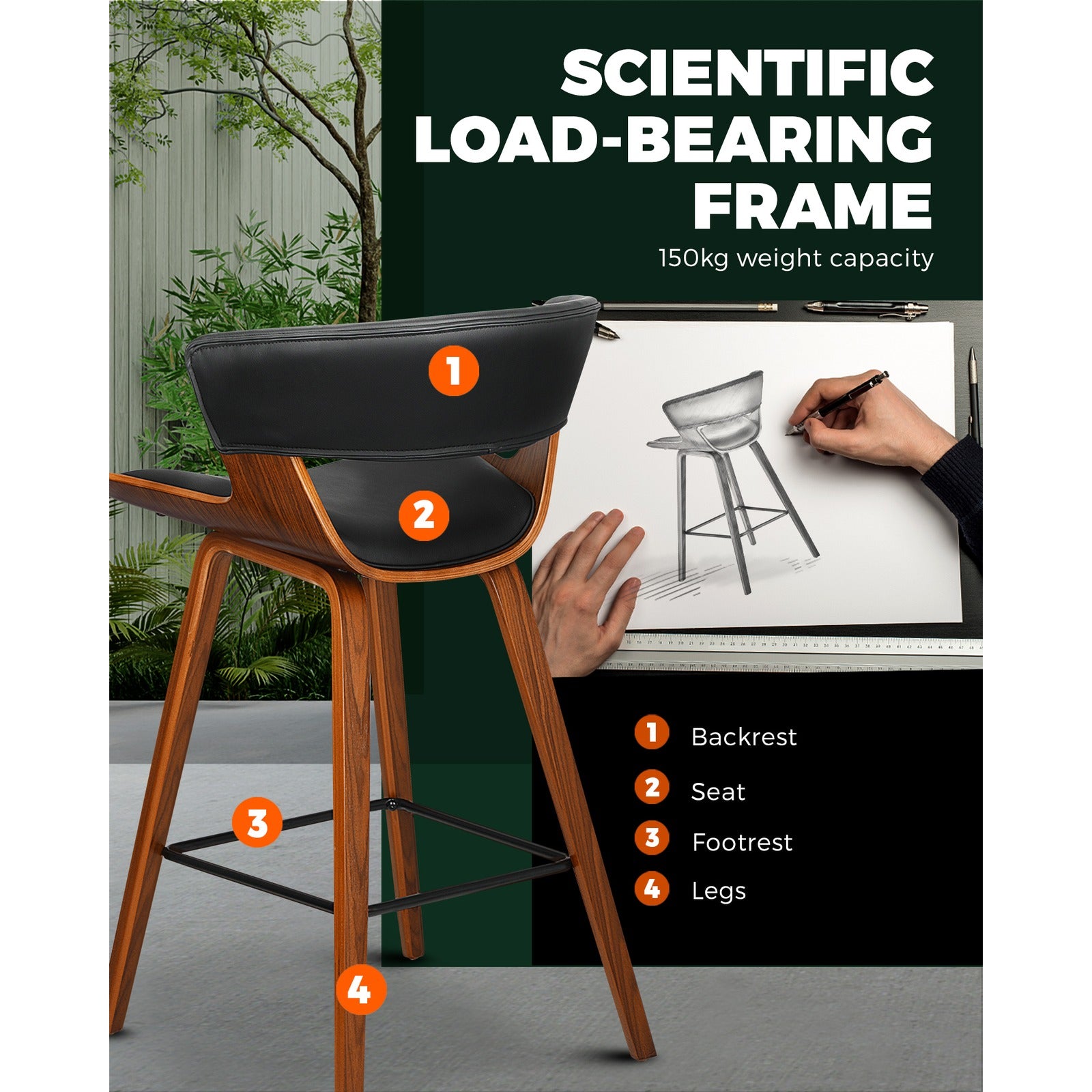 Oikiture Bar Stools Kitchen Stool Chairs Wood Barstool Dining Chair PU Leather x2 - Sunyee