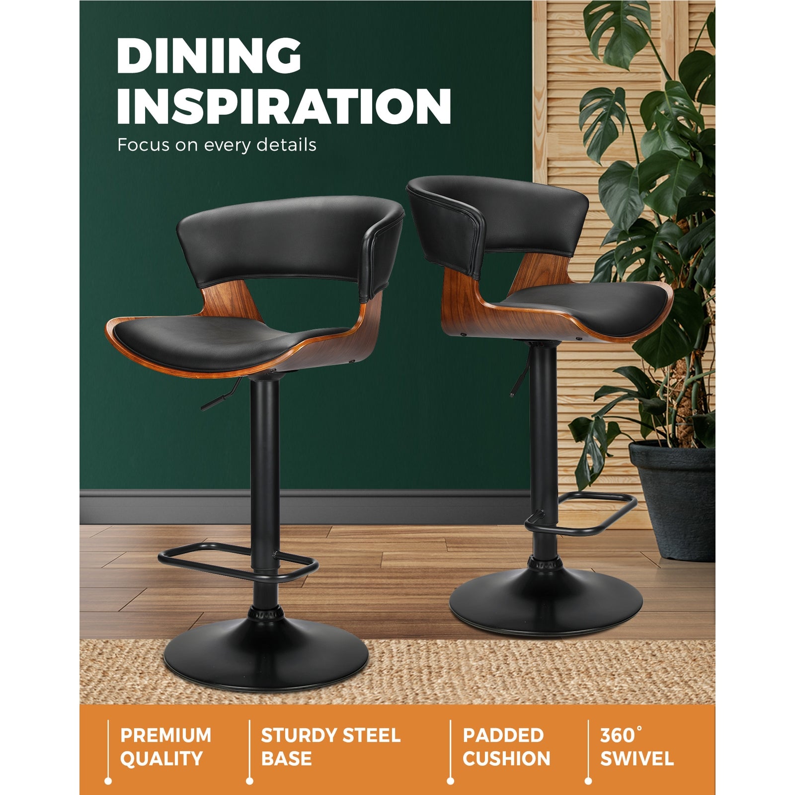 Oikiture Bar Stools Kitchen Stool Bar Chairs Swivel Barstool PU Leather Gas Lift x2 - Sunyee