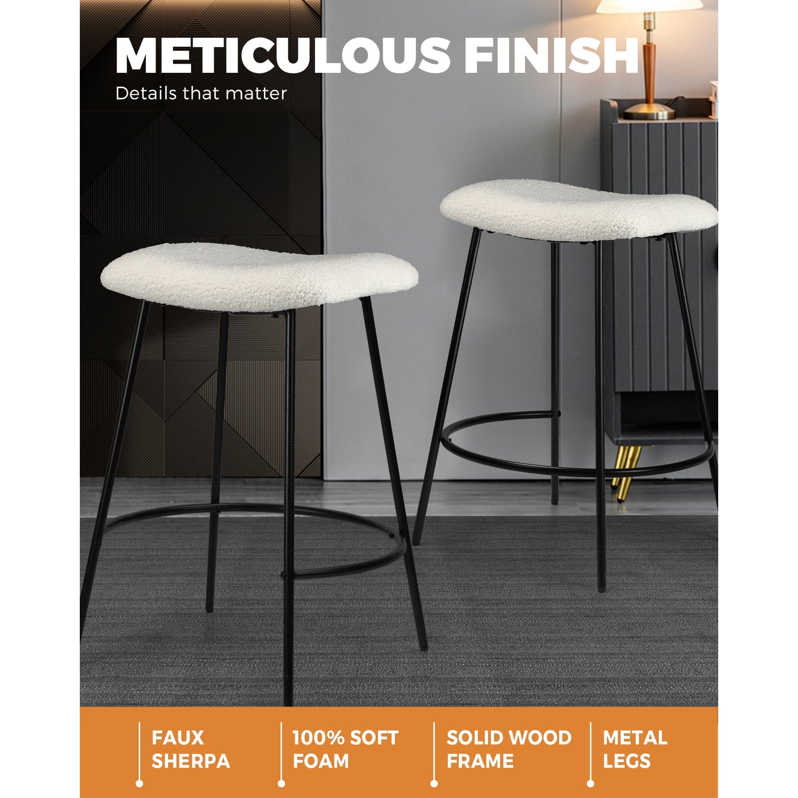 Oikiture Bar Stools Kitchen Metal Stool Chairs Dining Chair Exclusive White x2 - Sunyee