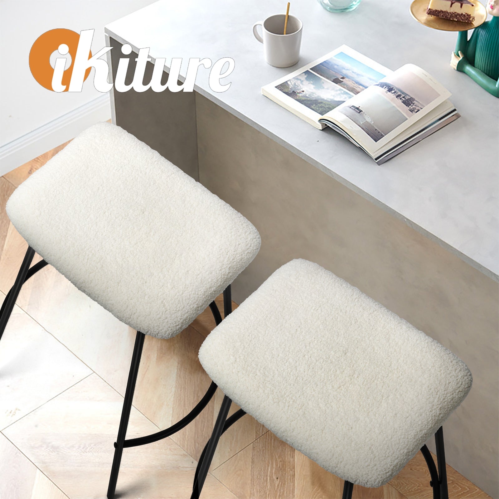 Oikiture Bar Stools Kitchen Metal Stool Chairs Dining Chair Exclusive White x2 - Sunyee