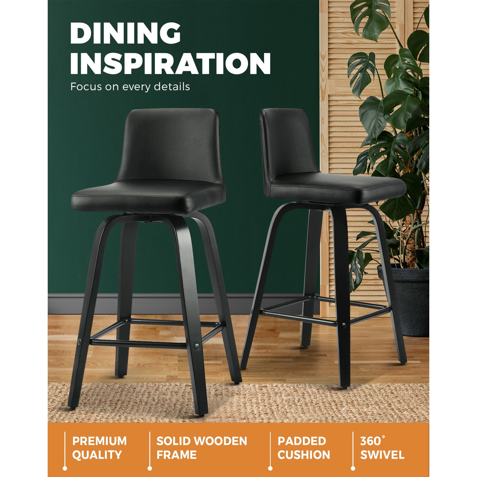 Oikiture 2x Bar Stool Swivel Kitchen Wooden Dining Chair Barstools PU Leather Black - Sunyee