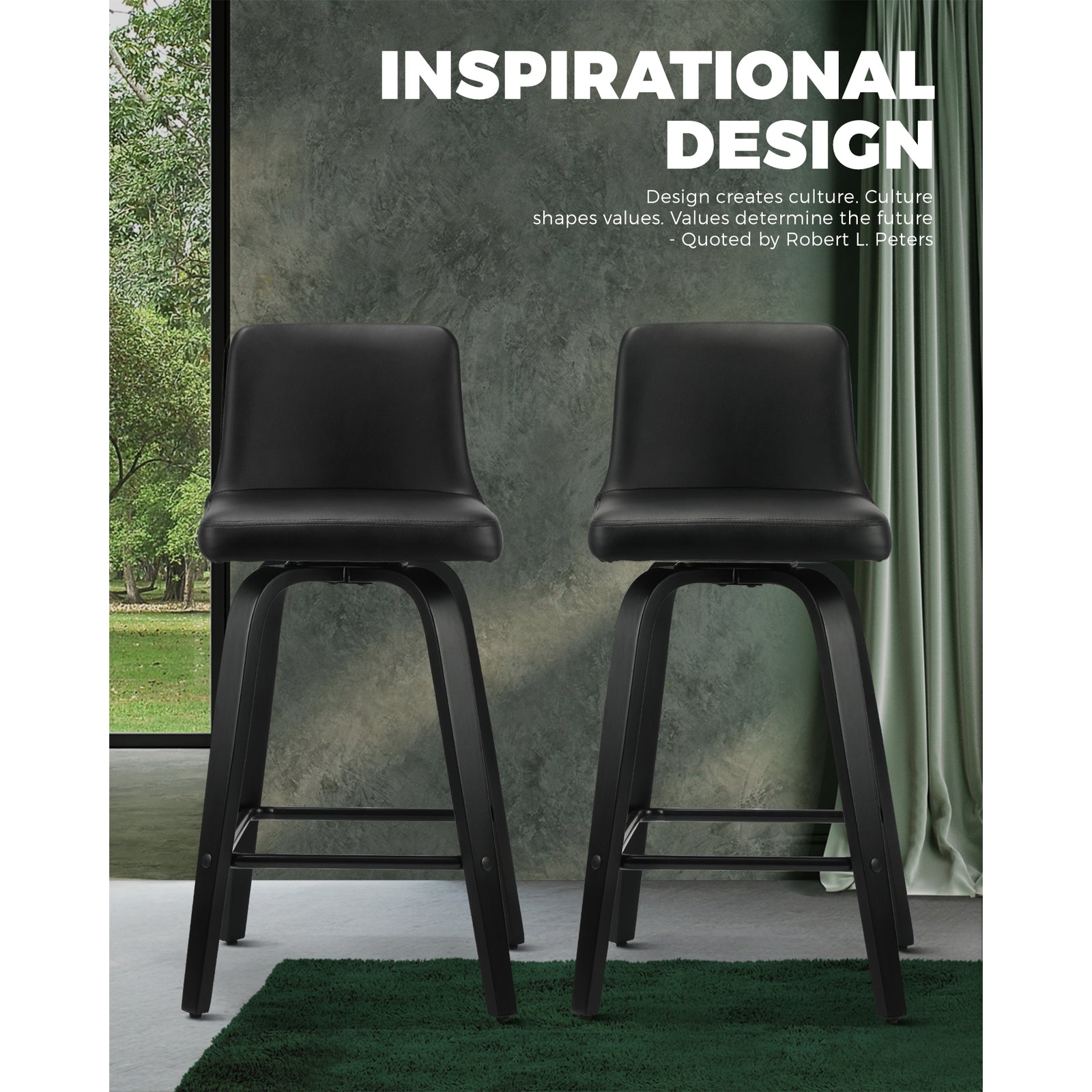 Oikiture 2x Bar Stool Swivel Kitchen Wooden Dining Chair Barstools PU Leather Black - Sunyee