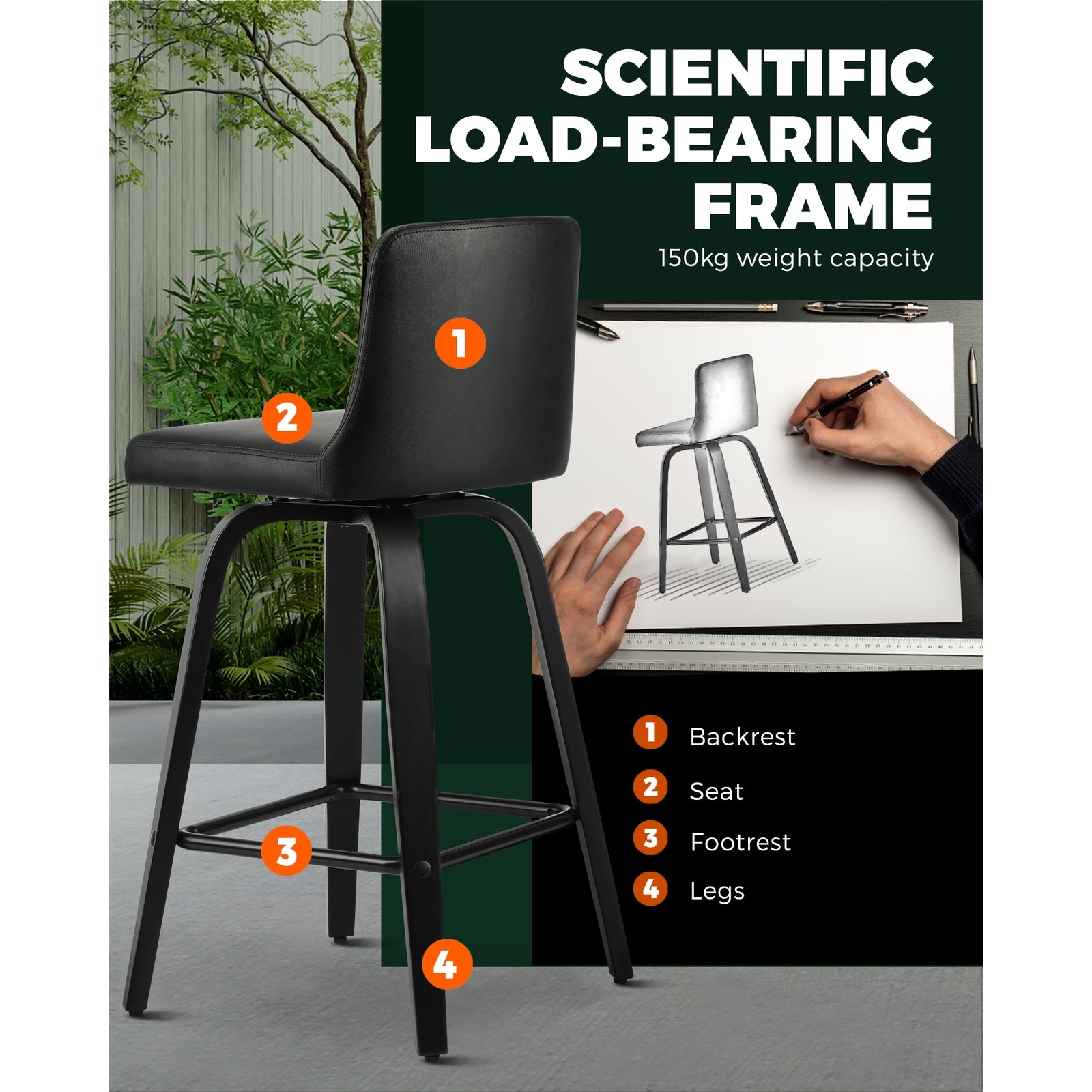 Oikiture 2x Bar Stool Swivel Kitchen Wooden Dining Chair Barstools PU Leather Black - Sunyee