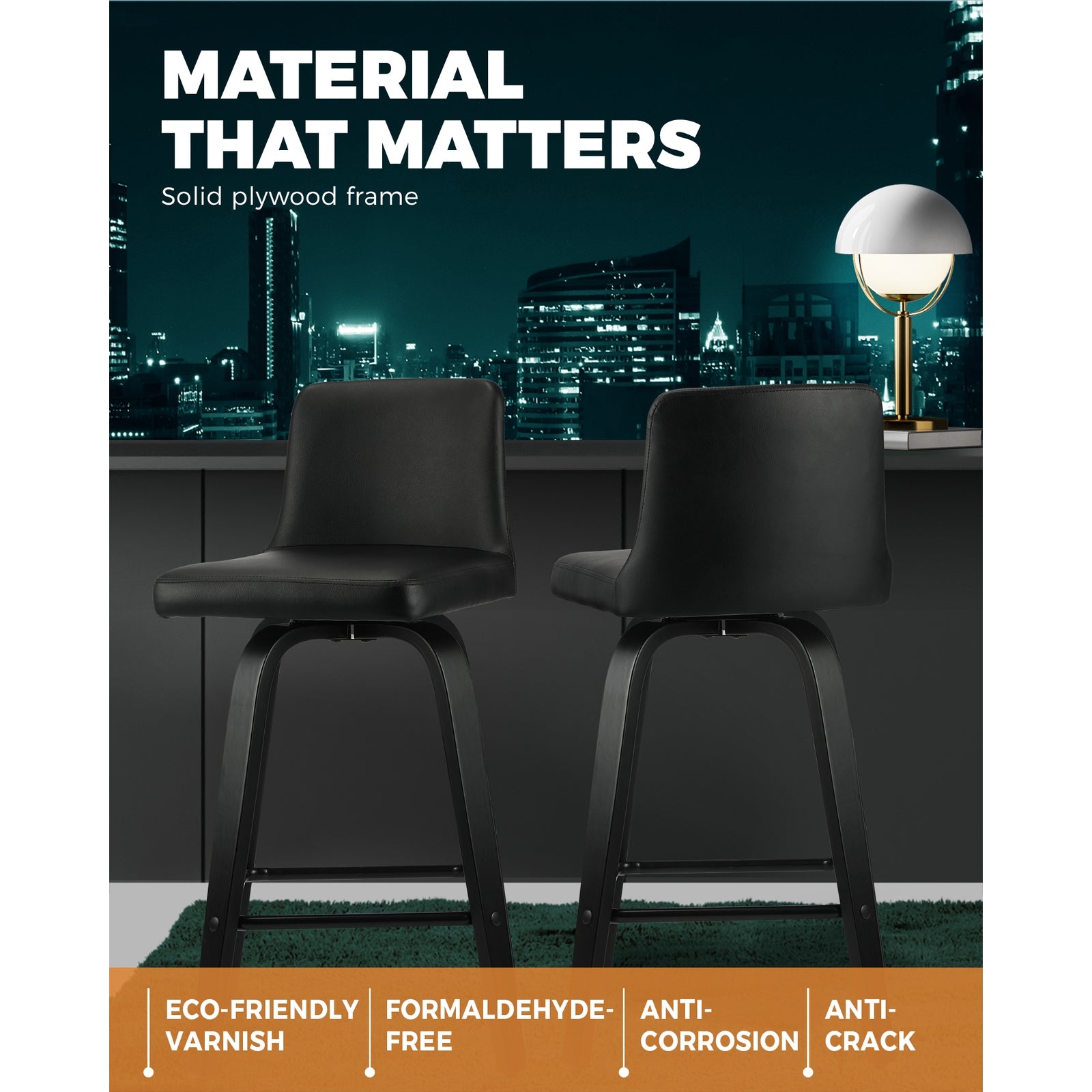 Oikiture 2x Bar Stool Swivel Kitchen Wooden Dining Chair Barstools PU Leather Black - Sunyee