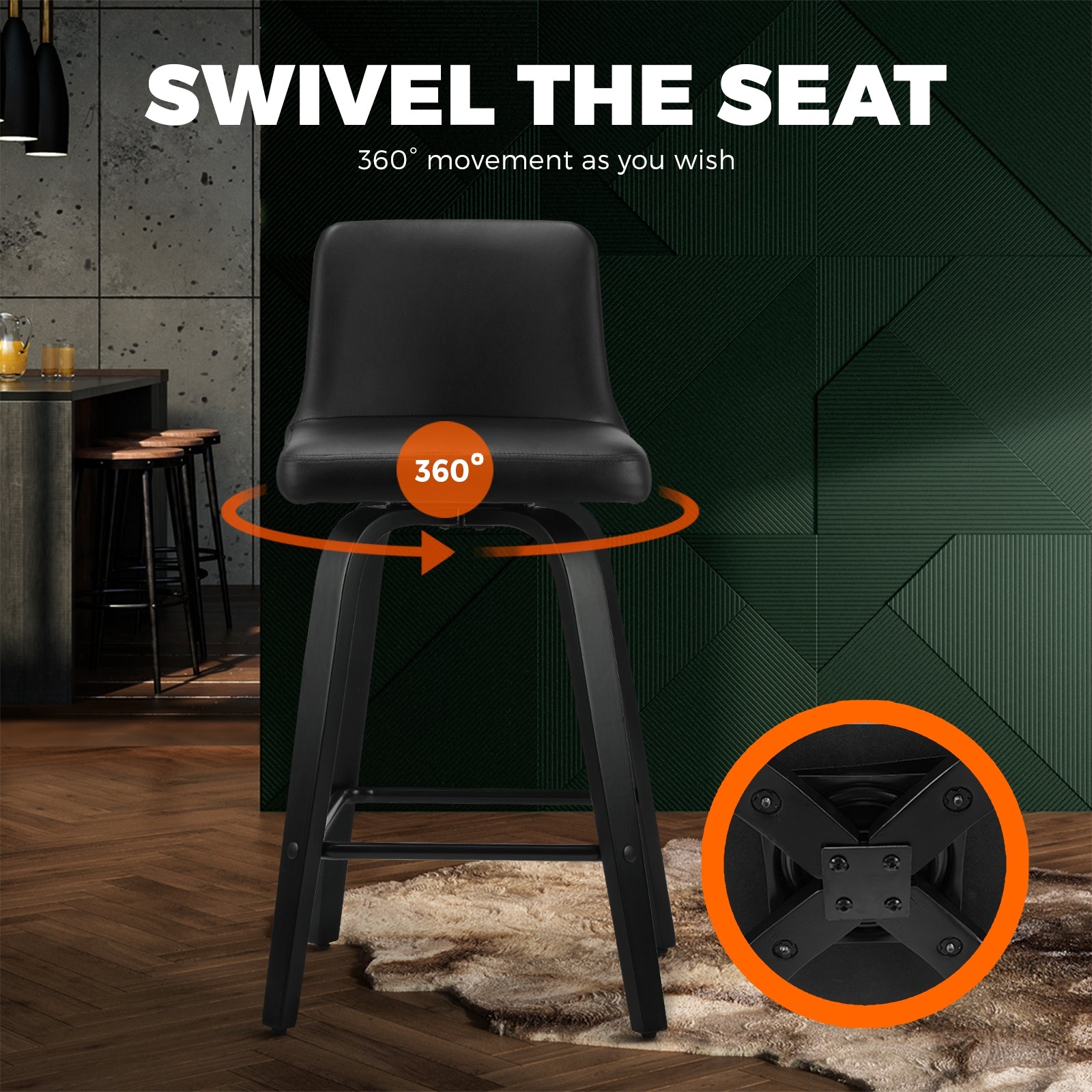 Oikiture 2x Bar Stool Swivel Kitchen Wooden Dining Chair Barstools PU Leather Black - Sunyee