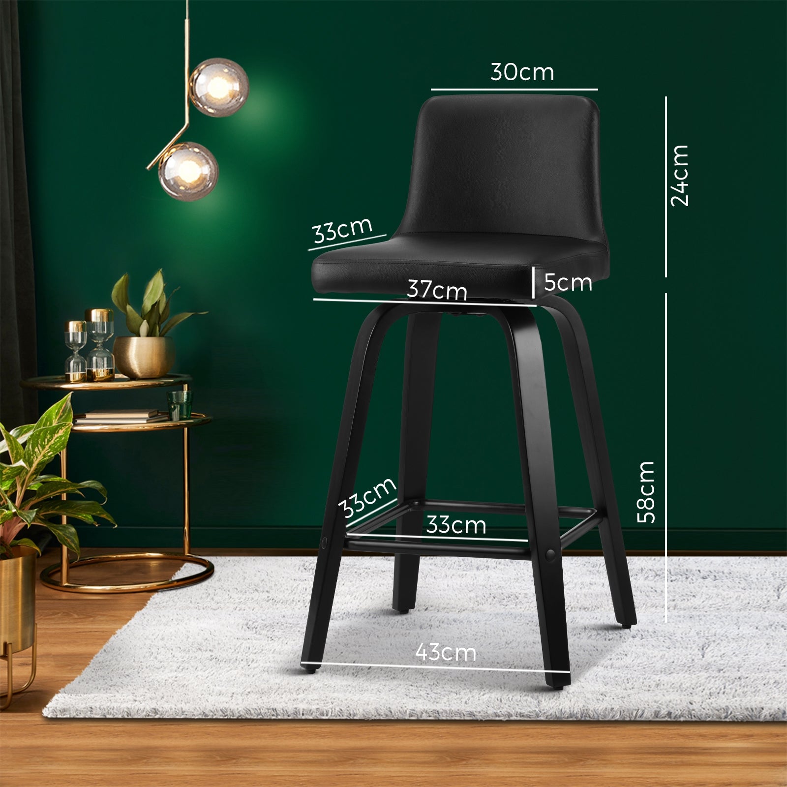 Oikiture 2x Bar Stool Swivel Kitchen Wooden Dining Chair Barstools PU Leather Black - Sunyee