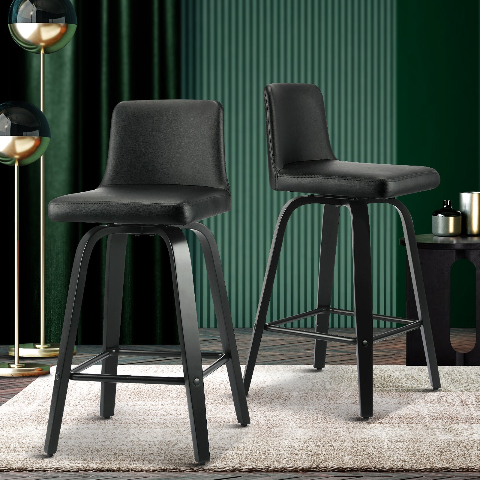 Oikiture 2x Bar Stool Swivel Kitchen Wooden Dining Chair Barstools PU Leather Black - Sunyee