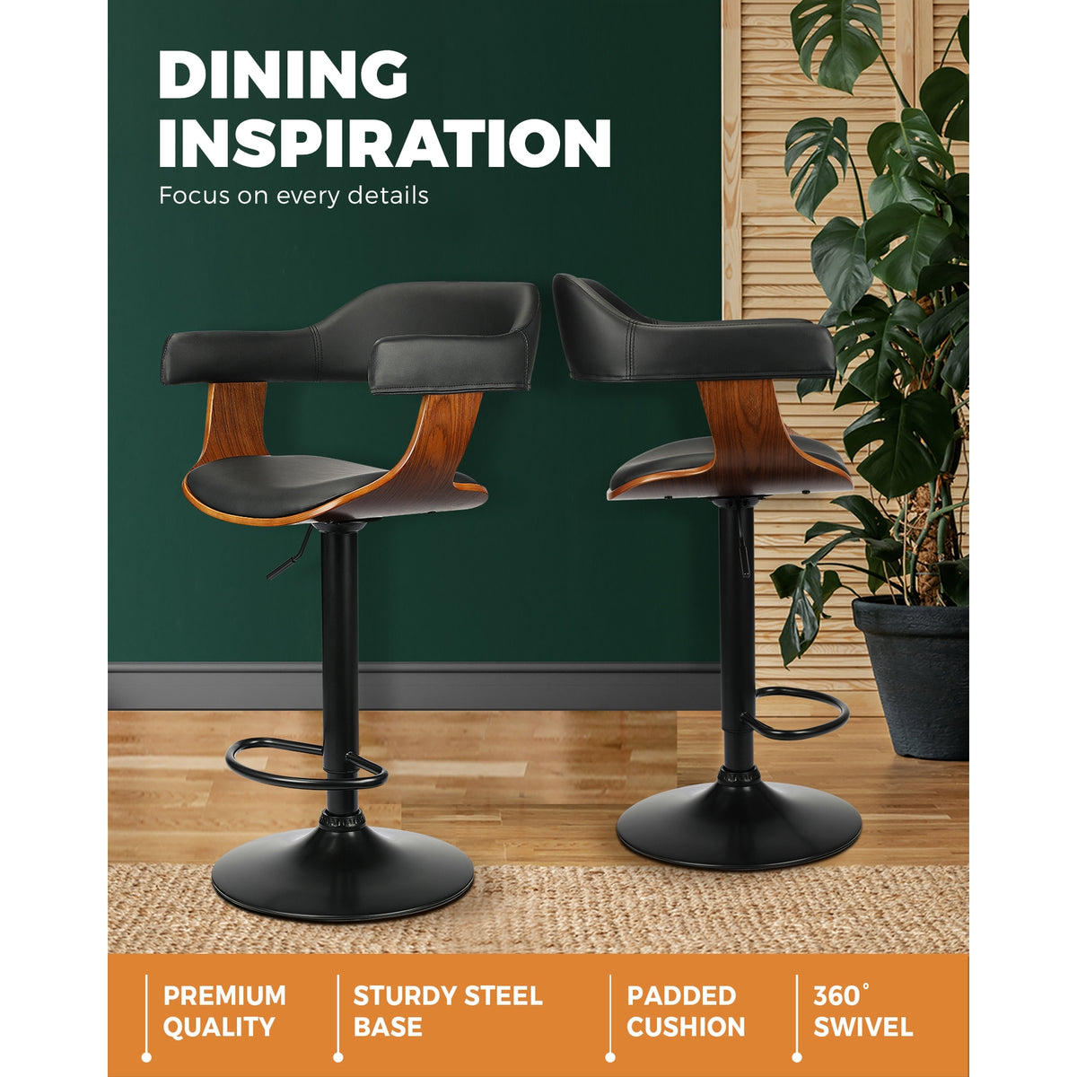 Oikiture Wooden Bar Stools Kitchen Swivel Chairs Bar Stool PU Leather Black x1 - Sunyee