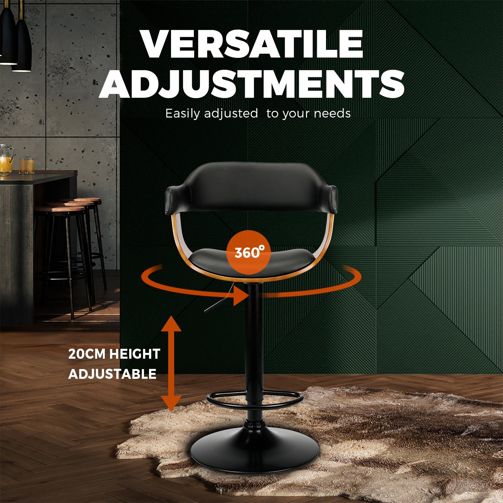 Oikiture Wooden Bar Stools Kitchen Swivel Chairs Bar Stool PU Leather Black x1 - Sunyee