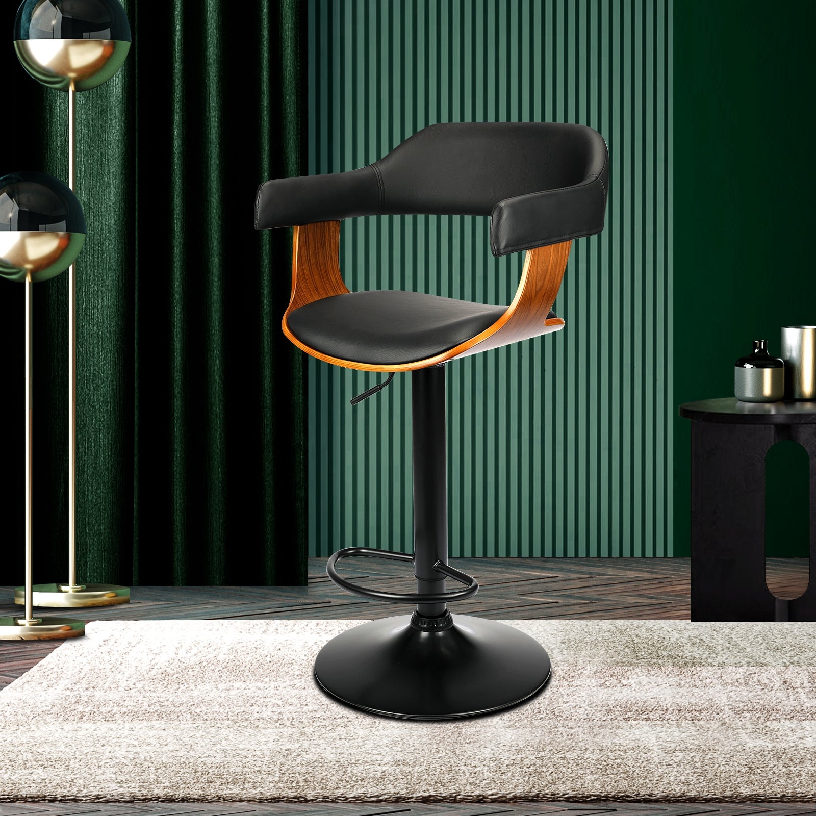 Oikiture Wooden Bar Stools Kitchen Swivel Chairs Bar Stool PU Leather Black x1 - Sunyee