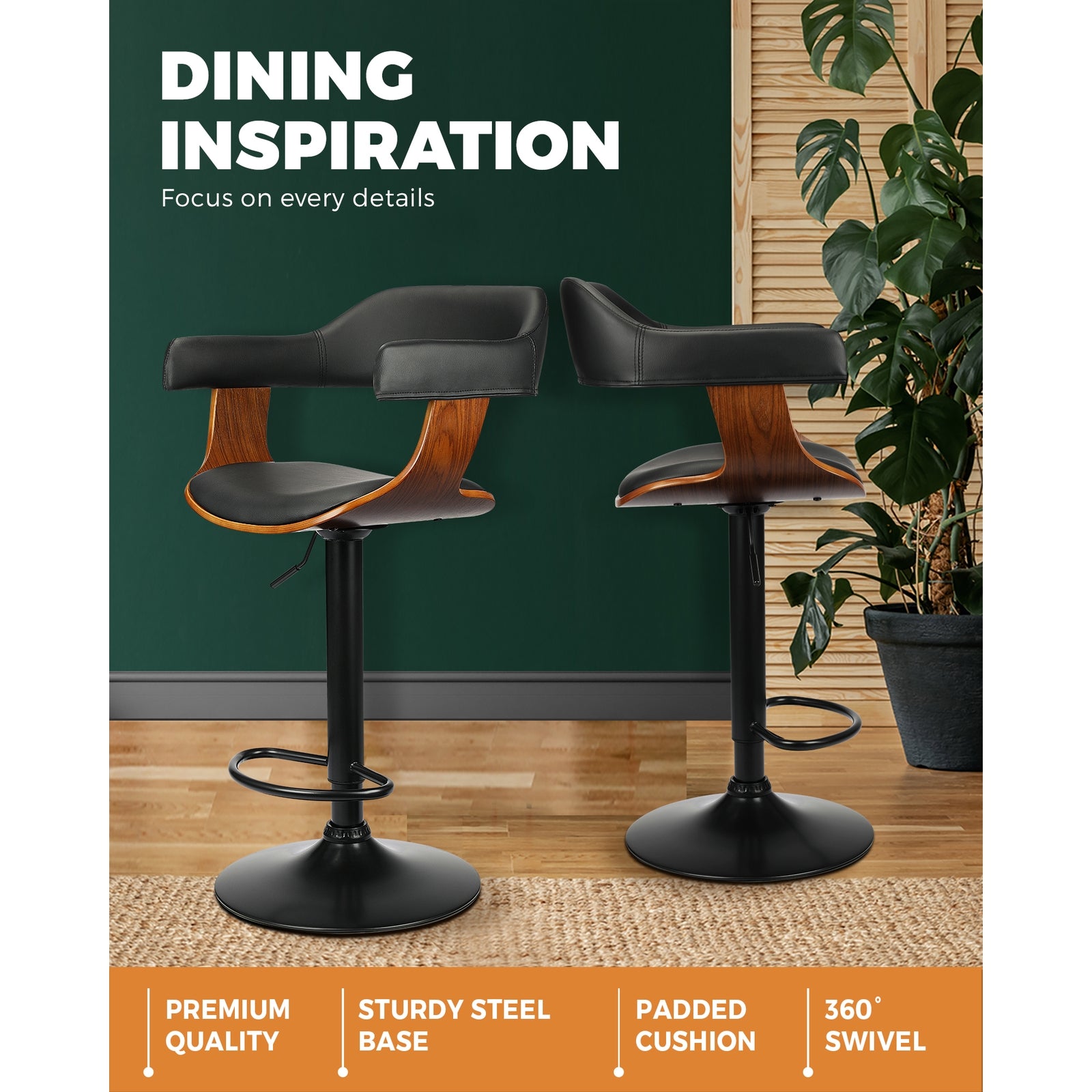 2x Oikiture Wooden Bar Stools Kitchen Swivel Chairs Bar Stool PU Leather Black - Sunyee