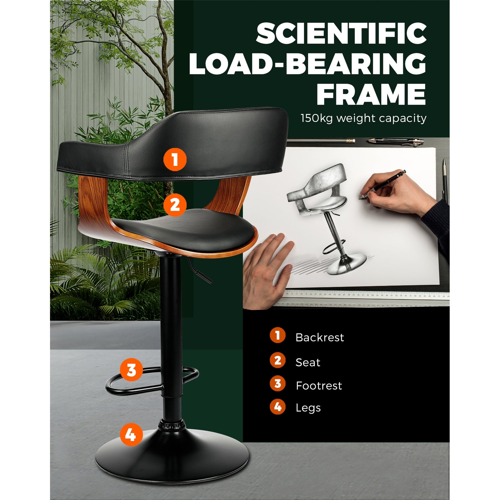 2x Oikiture Wooden Bar Stools Kitchen Swivel Chairs Bar Stool PU Leather Black - Sunyee