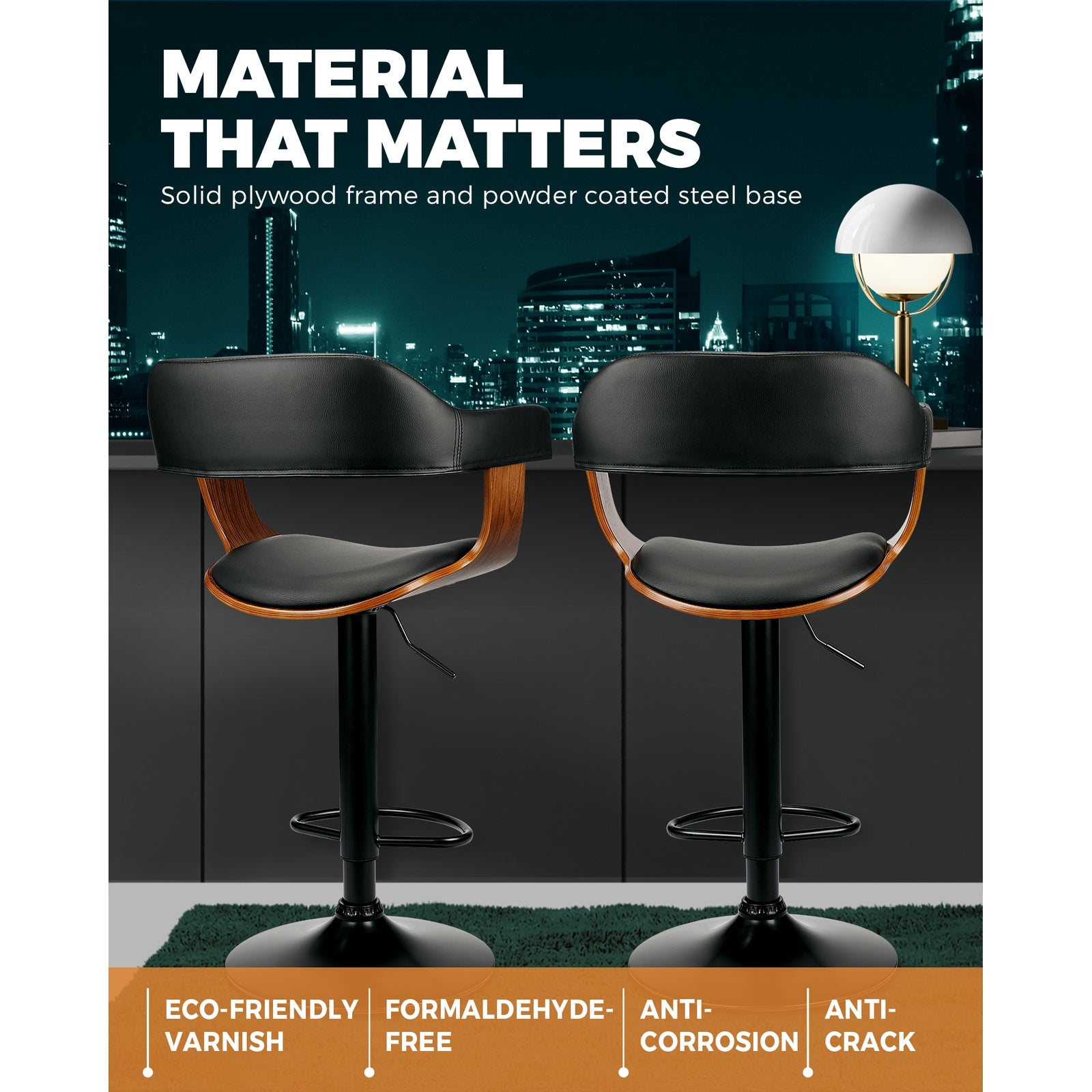 2x Oikiture Wooden Bar Stools Kitchen Swivel Chairs Bar Stool PU Leather Black - Sunyee