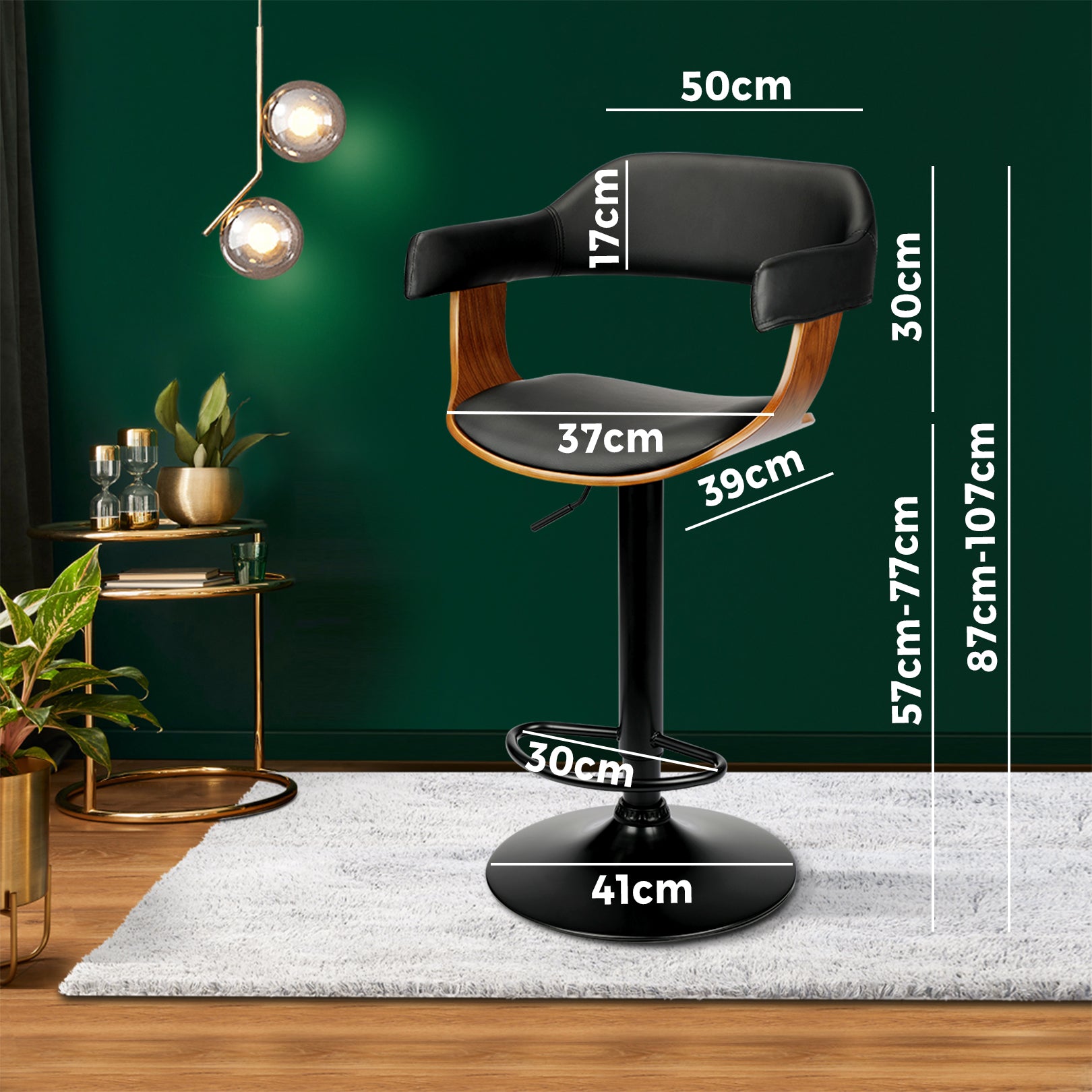 2x Oikiture Wooden Bar Stools Kitchen Swivel Chairs Bar Stool PU Leather Black - Sunyee