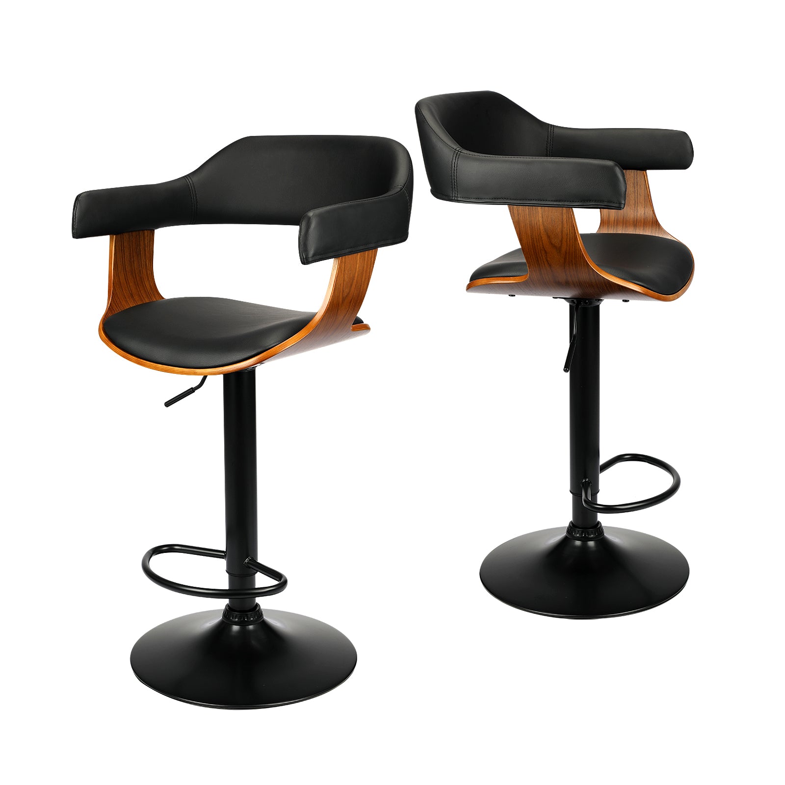 2x Oikiture Wooden Bar Stools Kitchen Swivel Chairs Bar Stool PU Leather Black - Sunyee