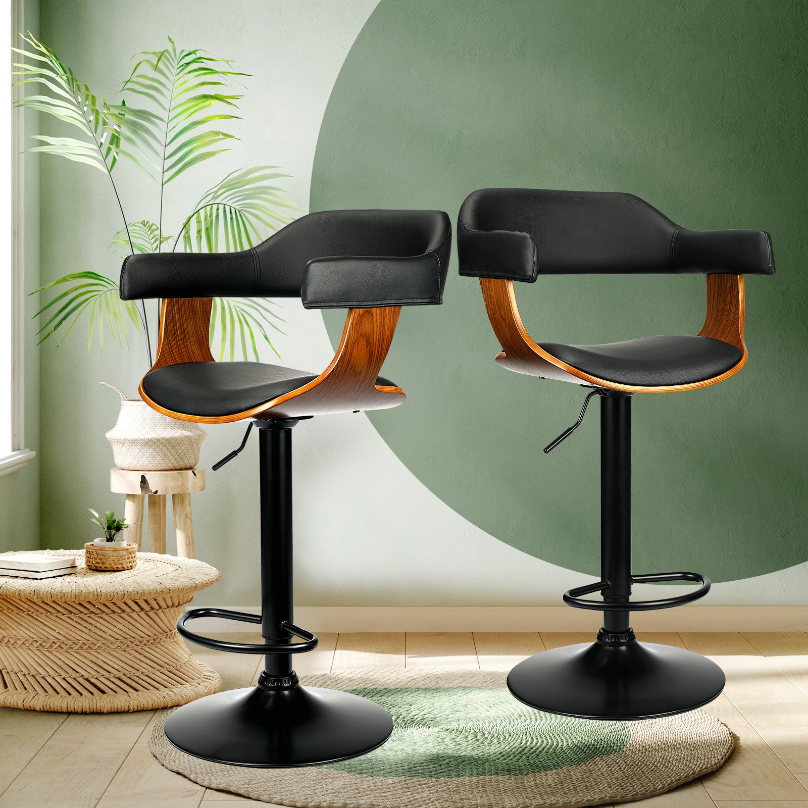2x Oikiture Wooden Bar Stools Kitchen Swivel Chairs Bar Stool PU Leather Black - Sunyee