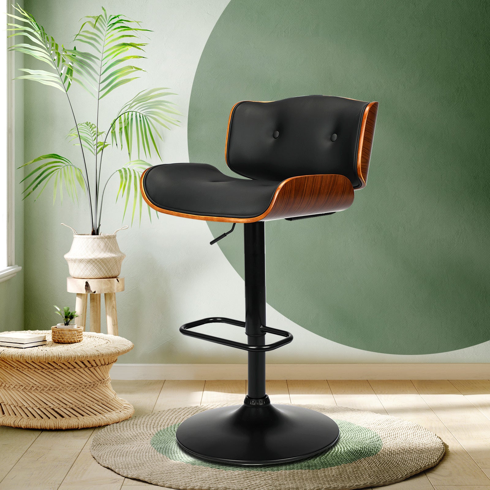 Oikiture Bar Stools Swivel Chair Kitchen Gas Lift Wooden Chairs PU Leather x1 - Sunyee