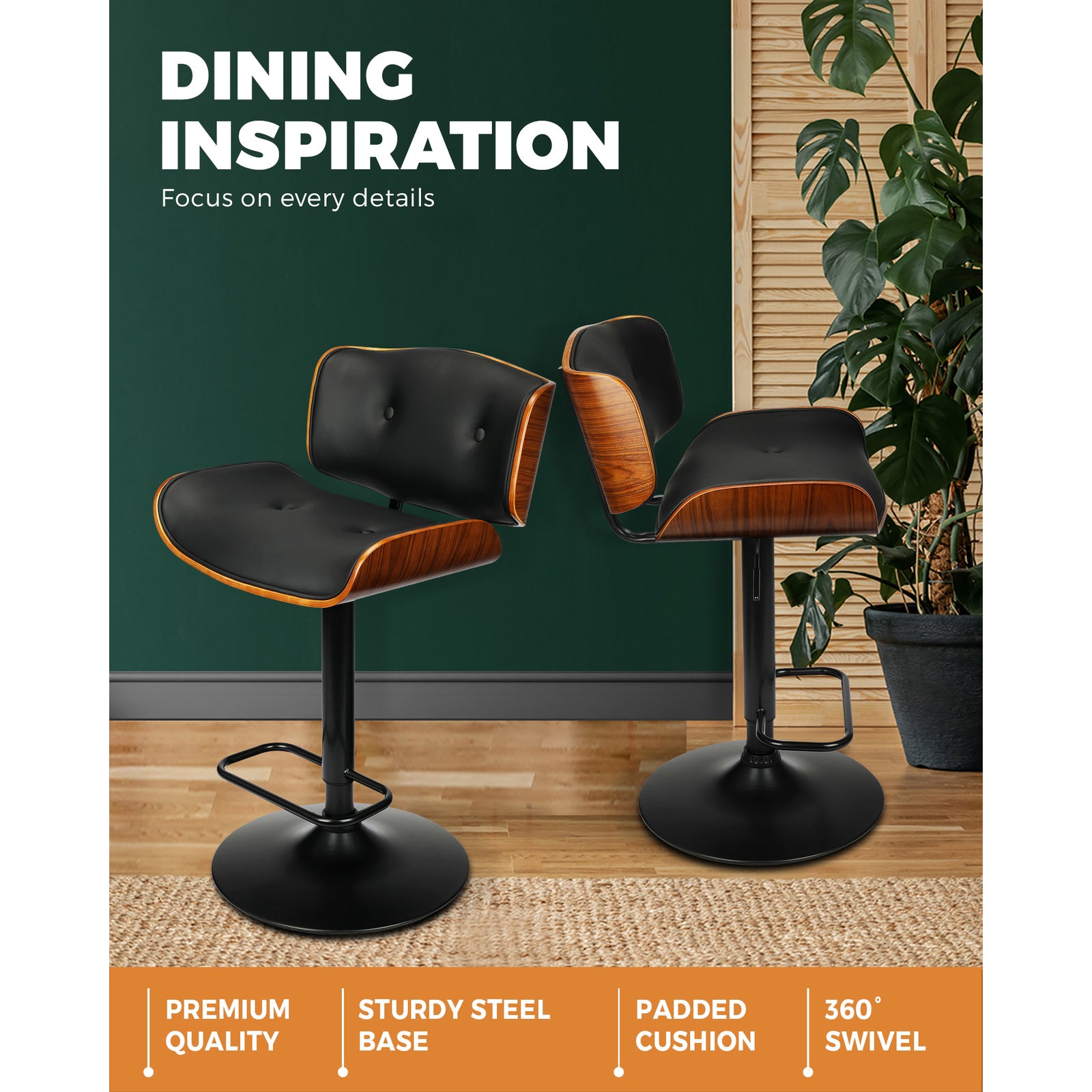 2x Oikiture Bar Stools Swivel Chair Kitchen Gas Lift Wooden Chairs PU Leather - Sunyee