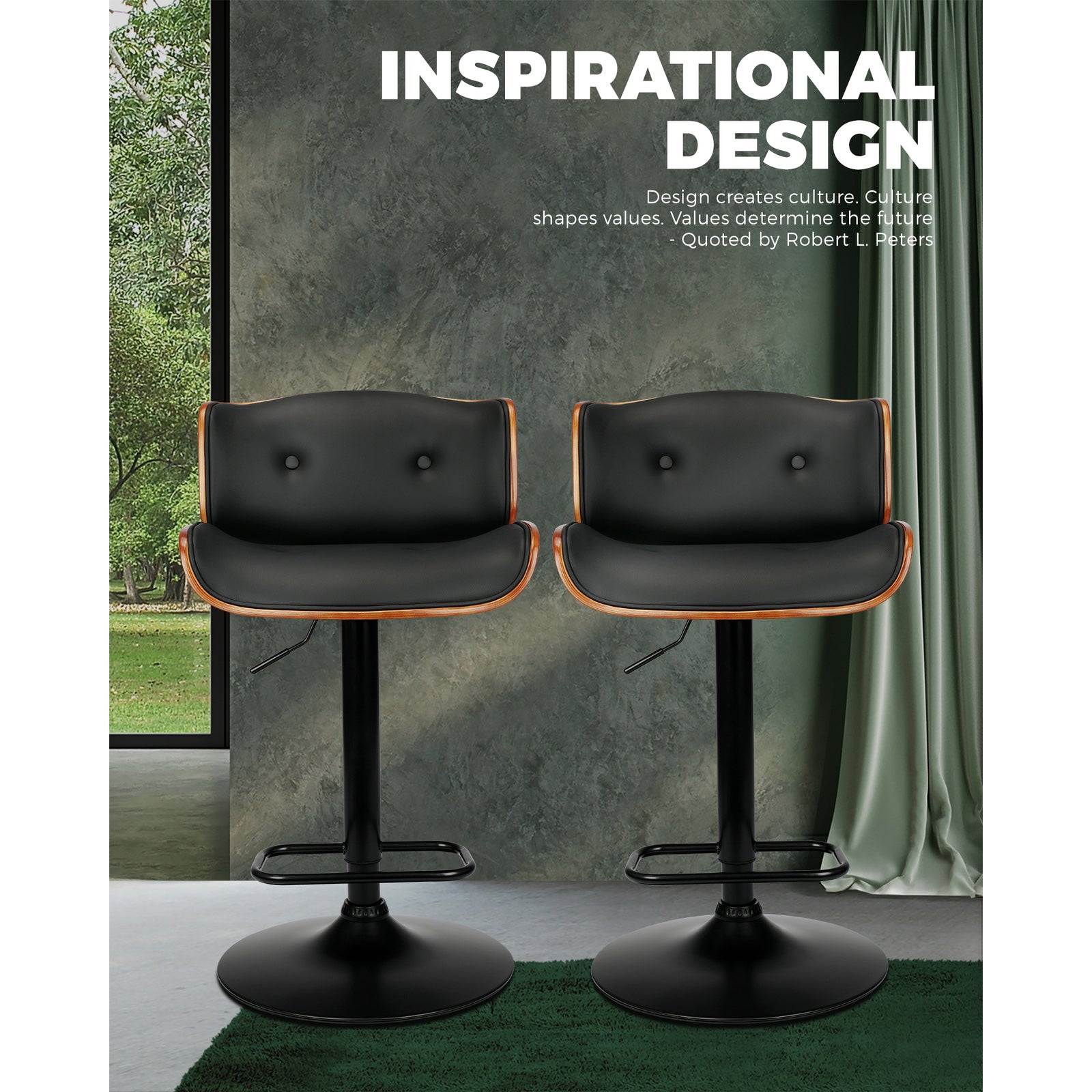 2x Oikiture Bar Stools Swivel Chair Kitchen Gas Lift Wooden Chairs PU Leather - Sunyee