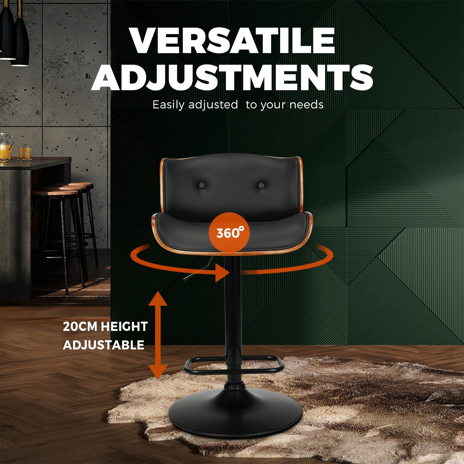 2x Oikiture Bar Stools Swivel Chair Kitchen Gas Lift Wooden Chairs PU Leather - Sunyee