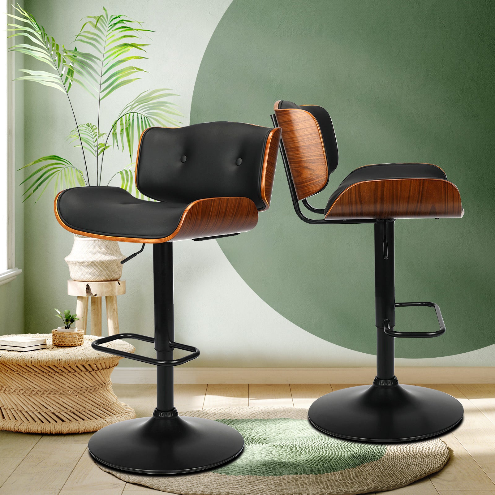 2x Oikiture Bar Stools Swivel Chair Kitchen Gas Lift Wooden Chairs PU Leather - Sunyee
